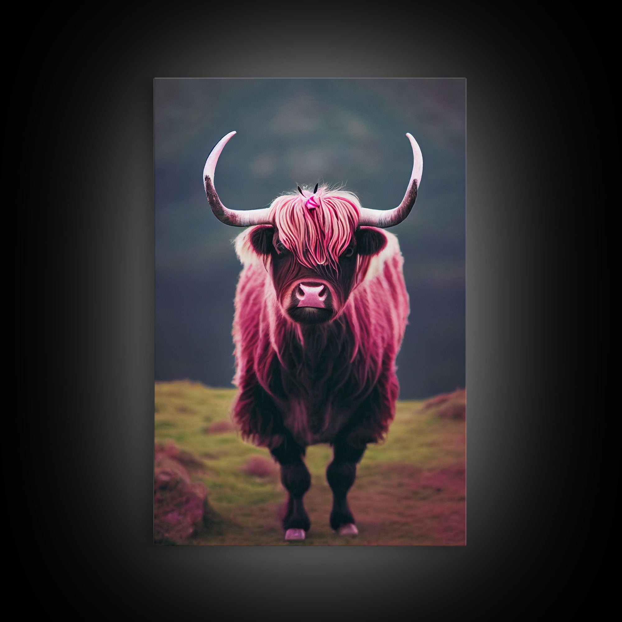 Colorful farmhouse art, Highland cow, Scotland cattle, framed canvas print, pink cow