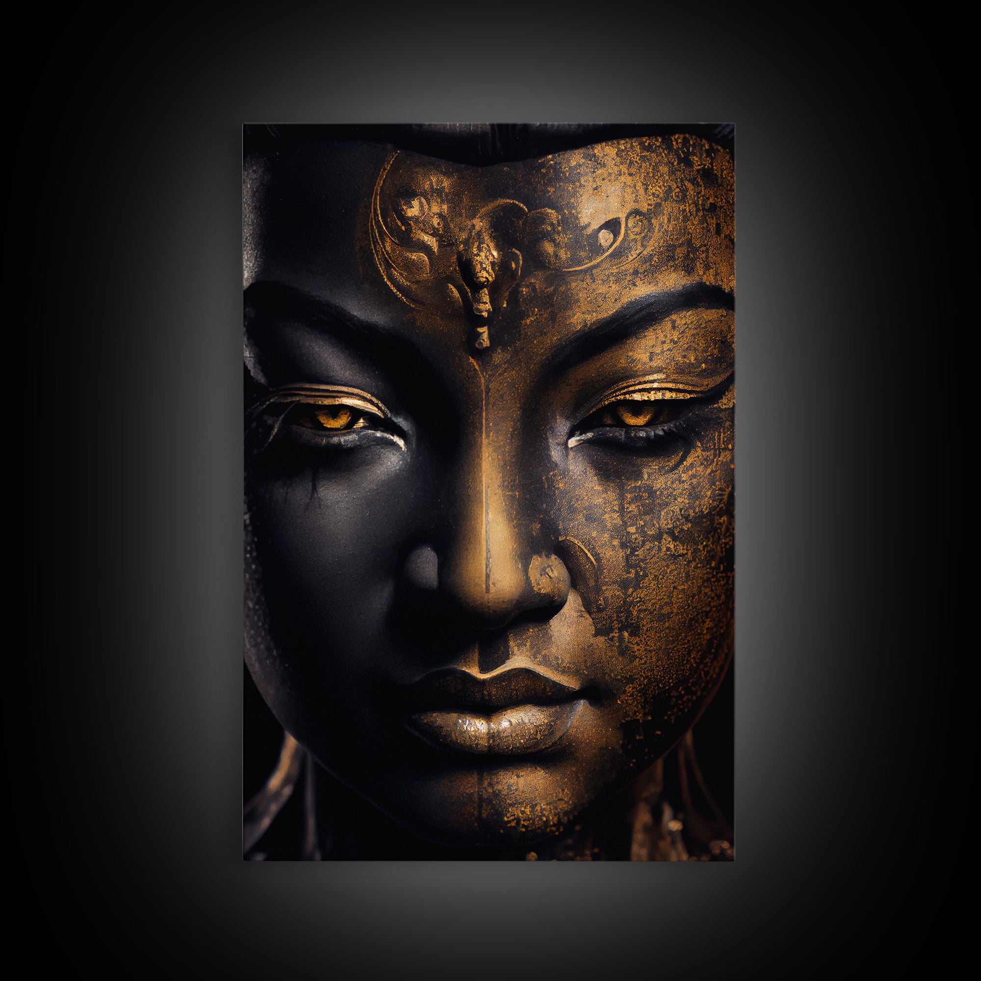 Golden eyed buddha statue framed canvas print, art for yoga studio, zen art