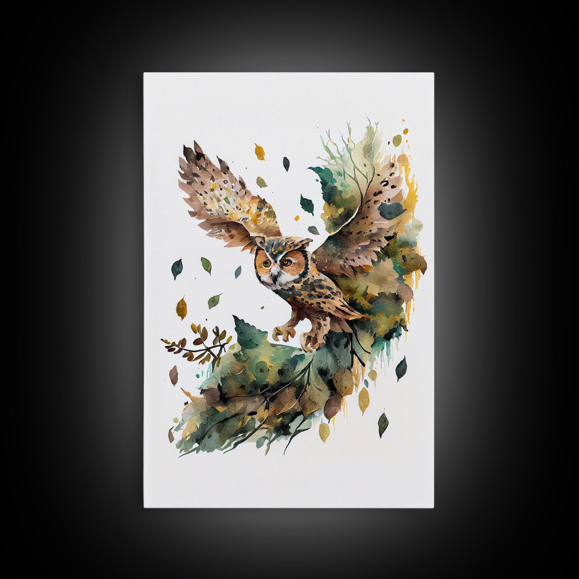 Watercolor of an owl in flight, owl portrait, framed canvas print, cool nature wall art