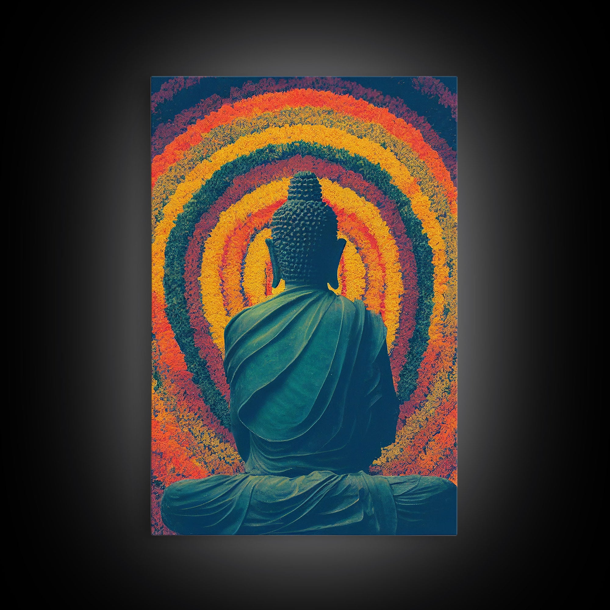 Colorful rainbow Buddha facing a ring of flowers, framed canvas print, yoga studio art