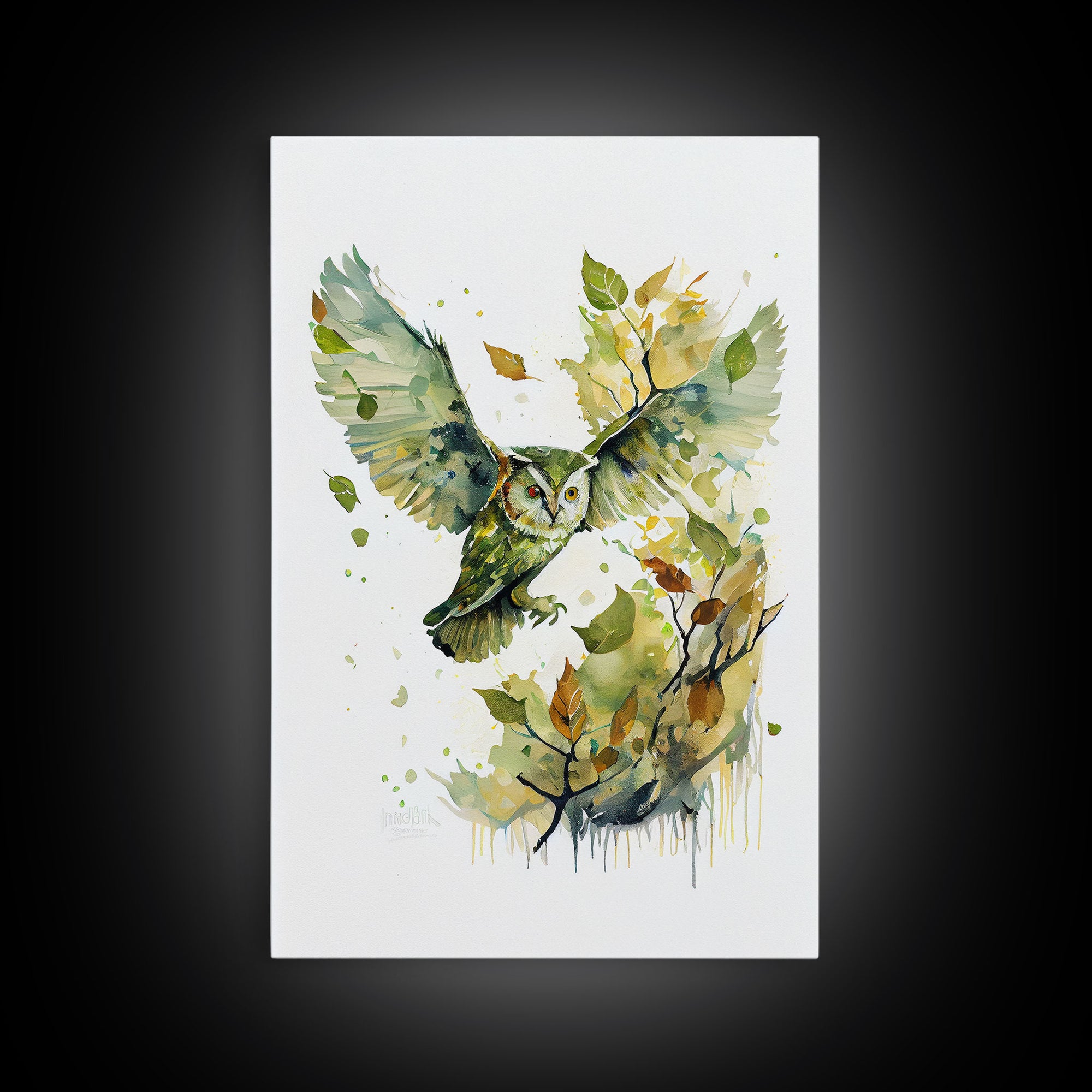 Watercolor of an owl in flight, owl painting print, framed canvas print, cool nature wall art, watercolor