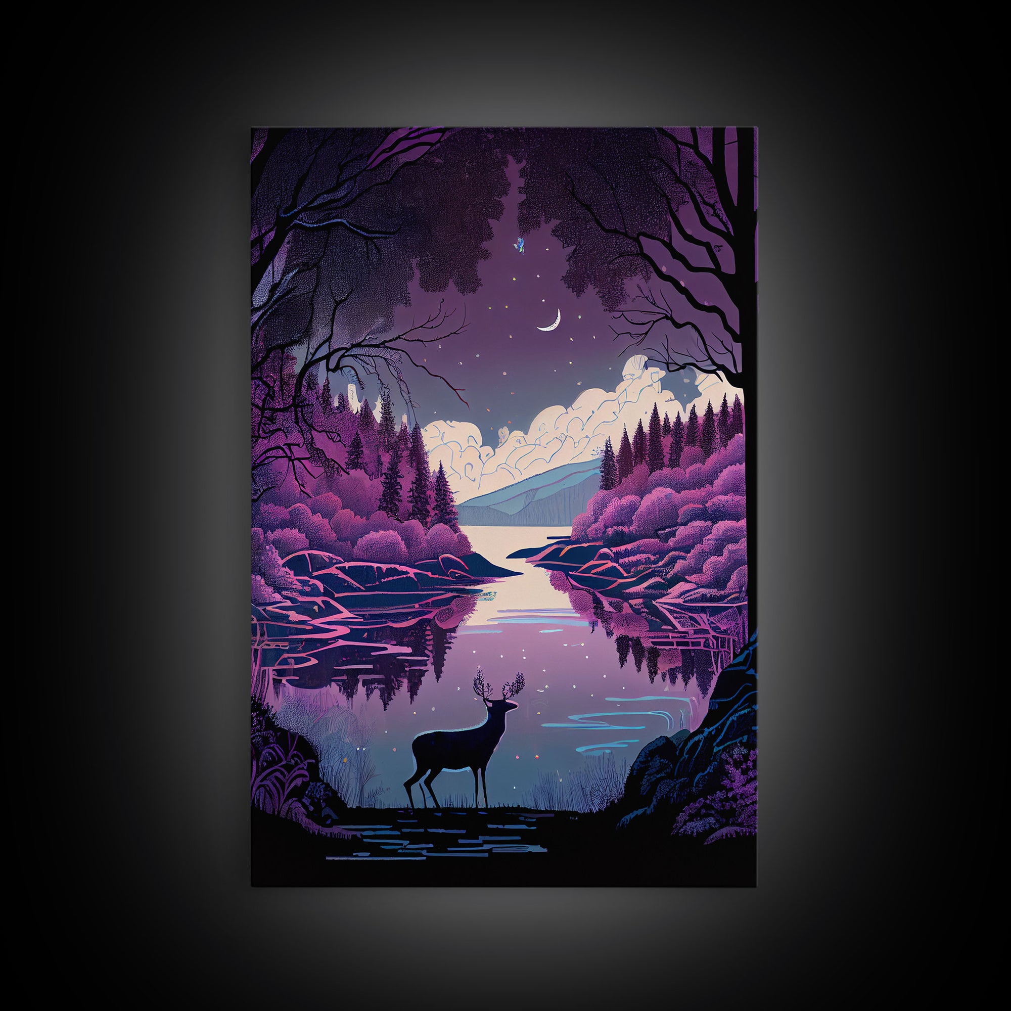 Mystical Deer Purple Forest Lake Wall Art Canvas Print - Serene Nature Scene Vibrant Artwork