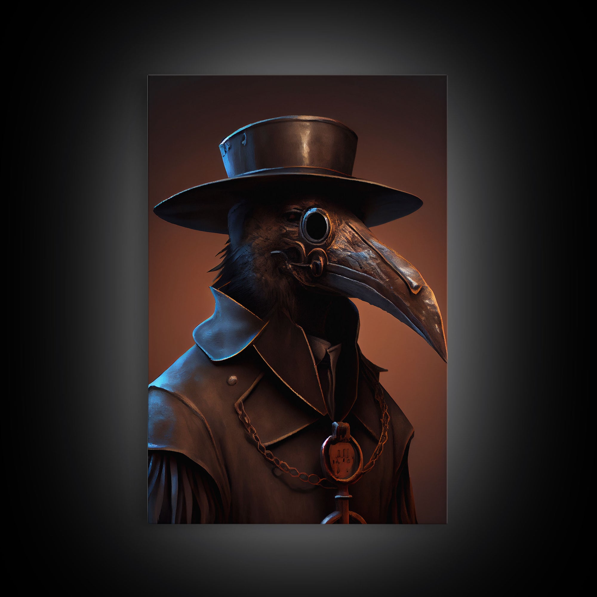 Crow wearing a plague doctor mask, poster art, cool spooky fine art poster print