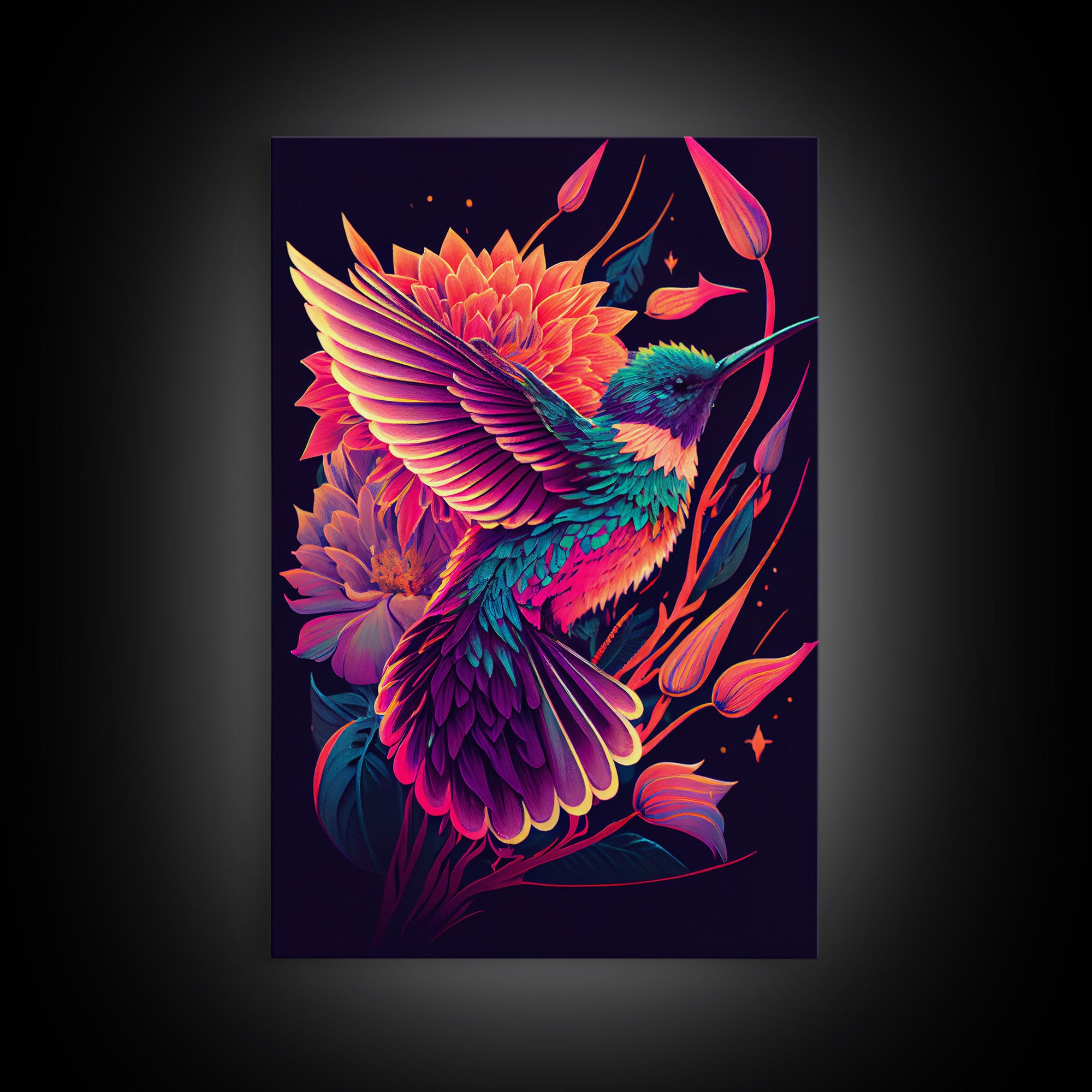 Beautiful Retro-Wave Humming Bird, framed canvas print, Colorful farmhouse wall art