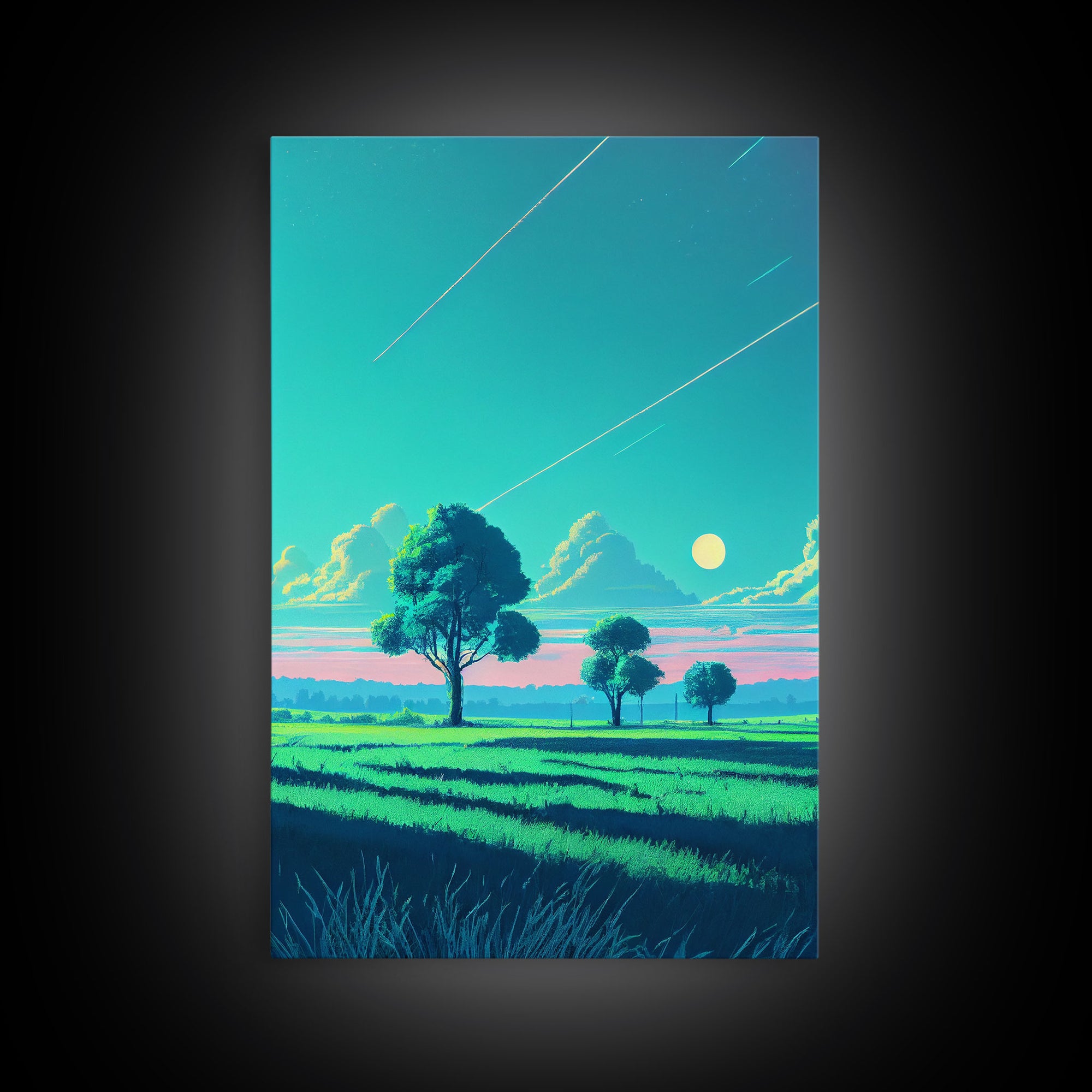 Retrowave landscape pixel art, soothing art, framed canvas print, light pastel sunset