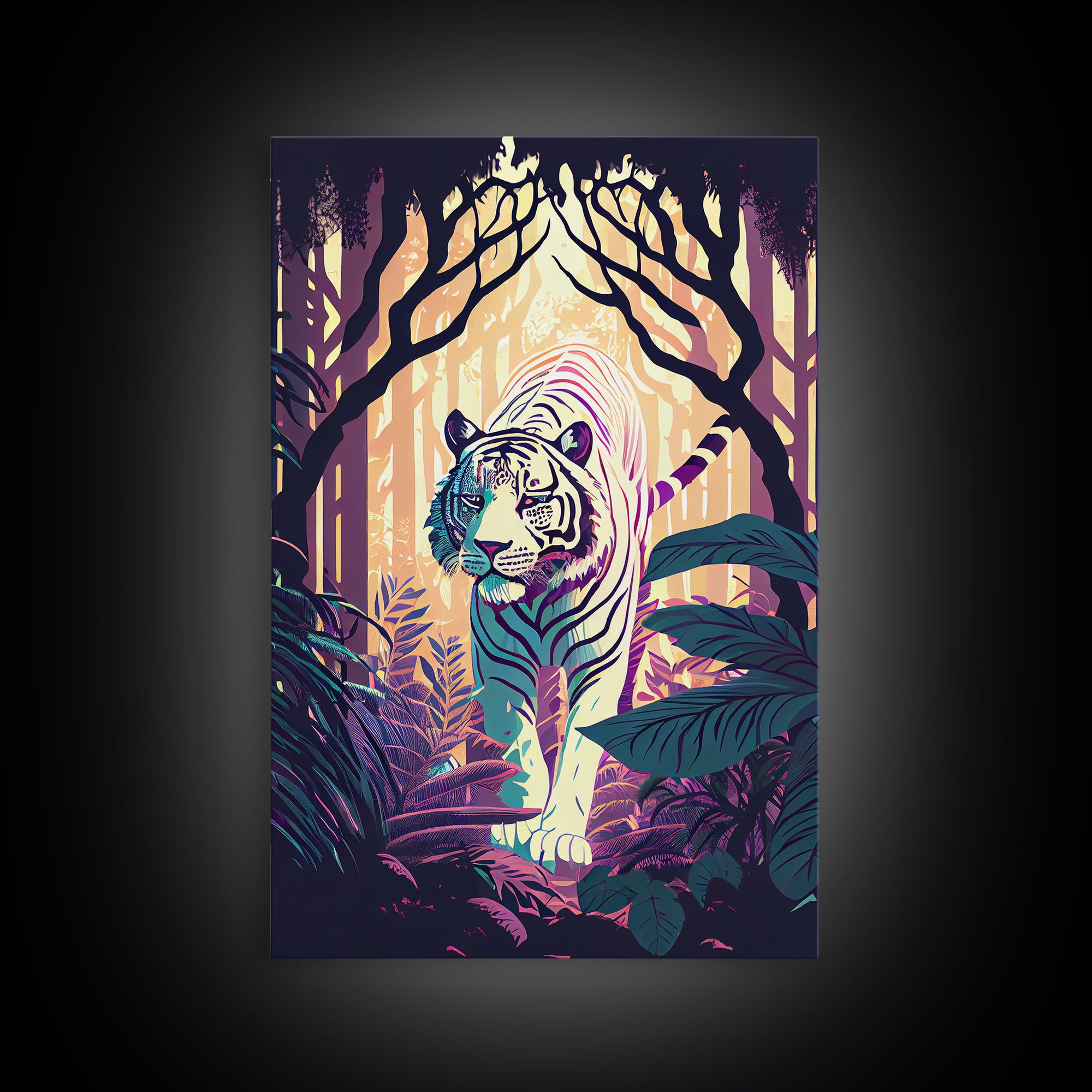 White tiger in the jungle, retro wave art, framed canvas print, albino tiger, rare art