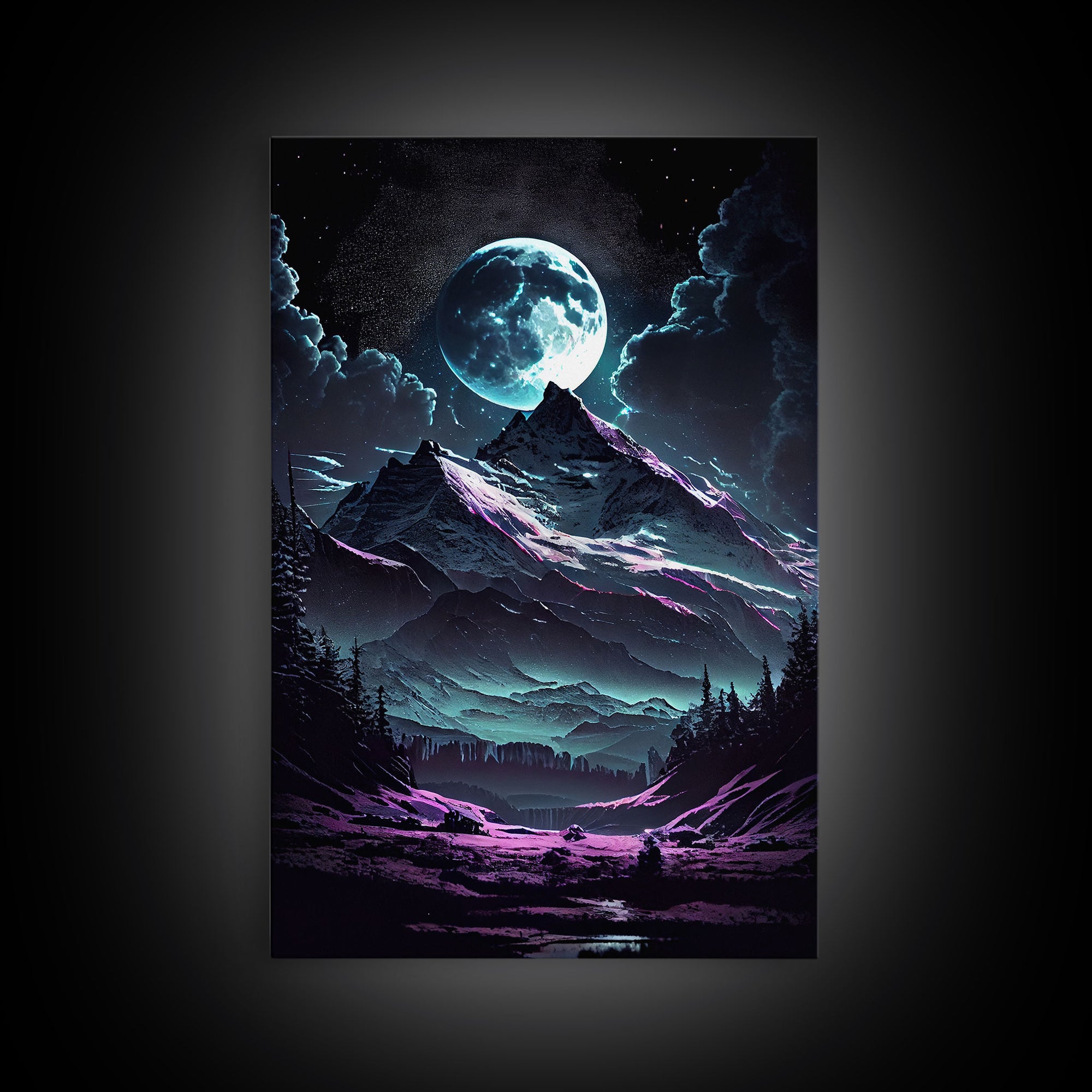 Mythical mountains fantasy art, framed canvas print, full moon over a mystical mountain landscape