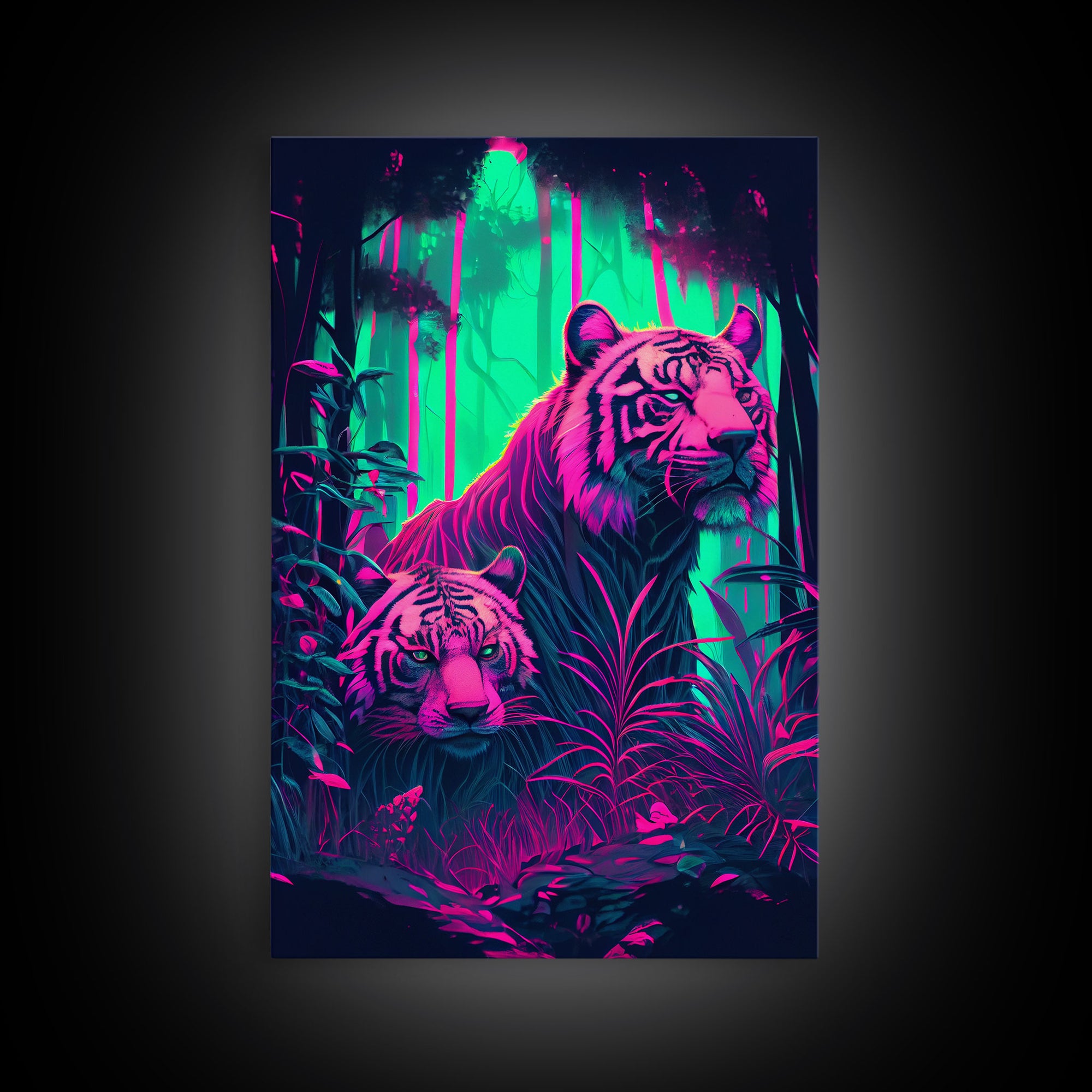 Retro Style Blue Eyed Tiger Art, Framed canvas print, framed wall art, unique colorful animal prints, synthwave style art