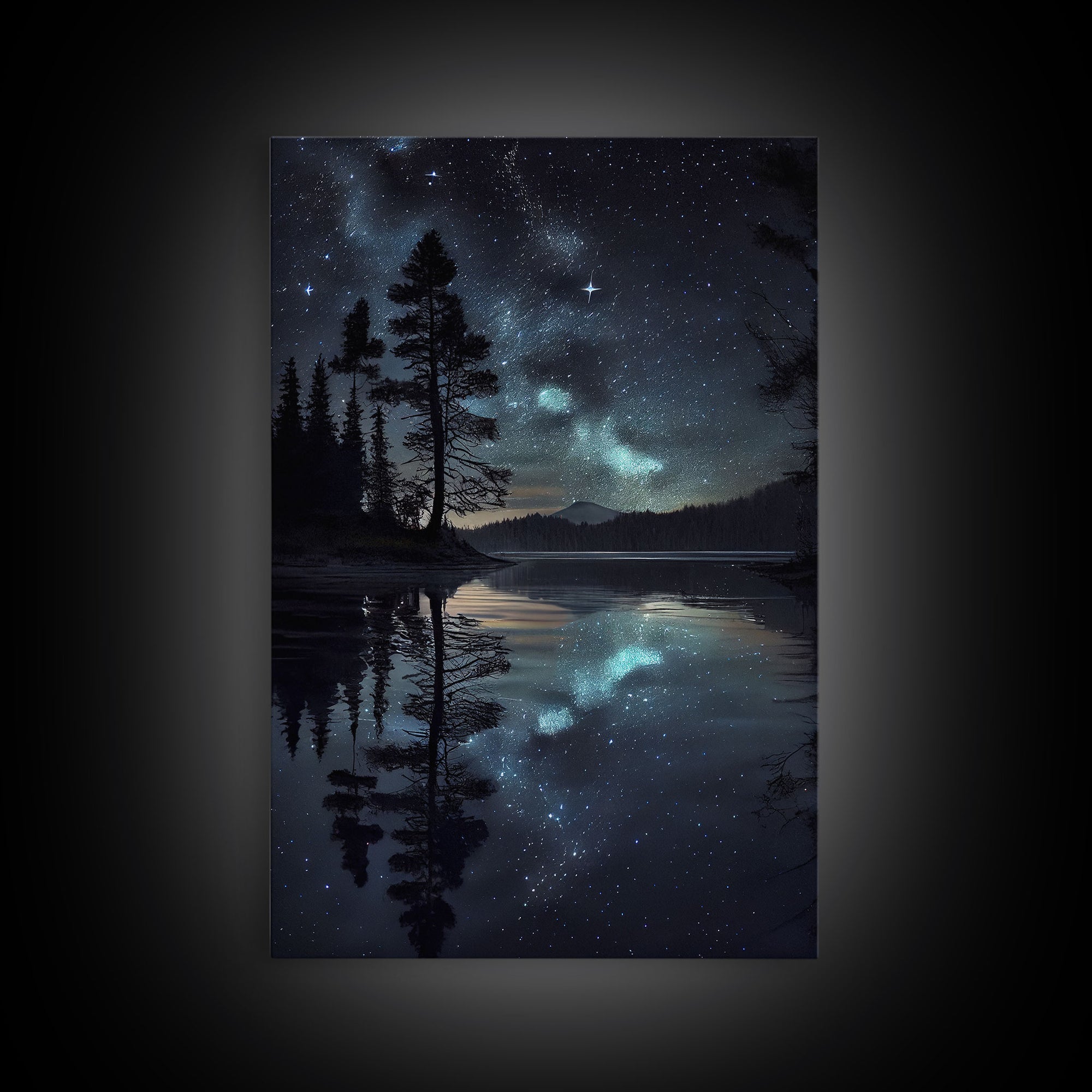 Reflections of a starry night sky over the lake, lakehouse art, beautiful framed canvas print