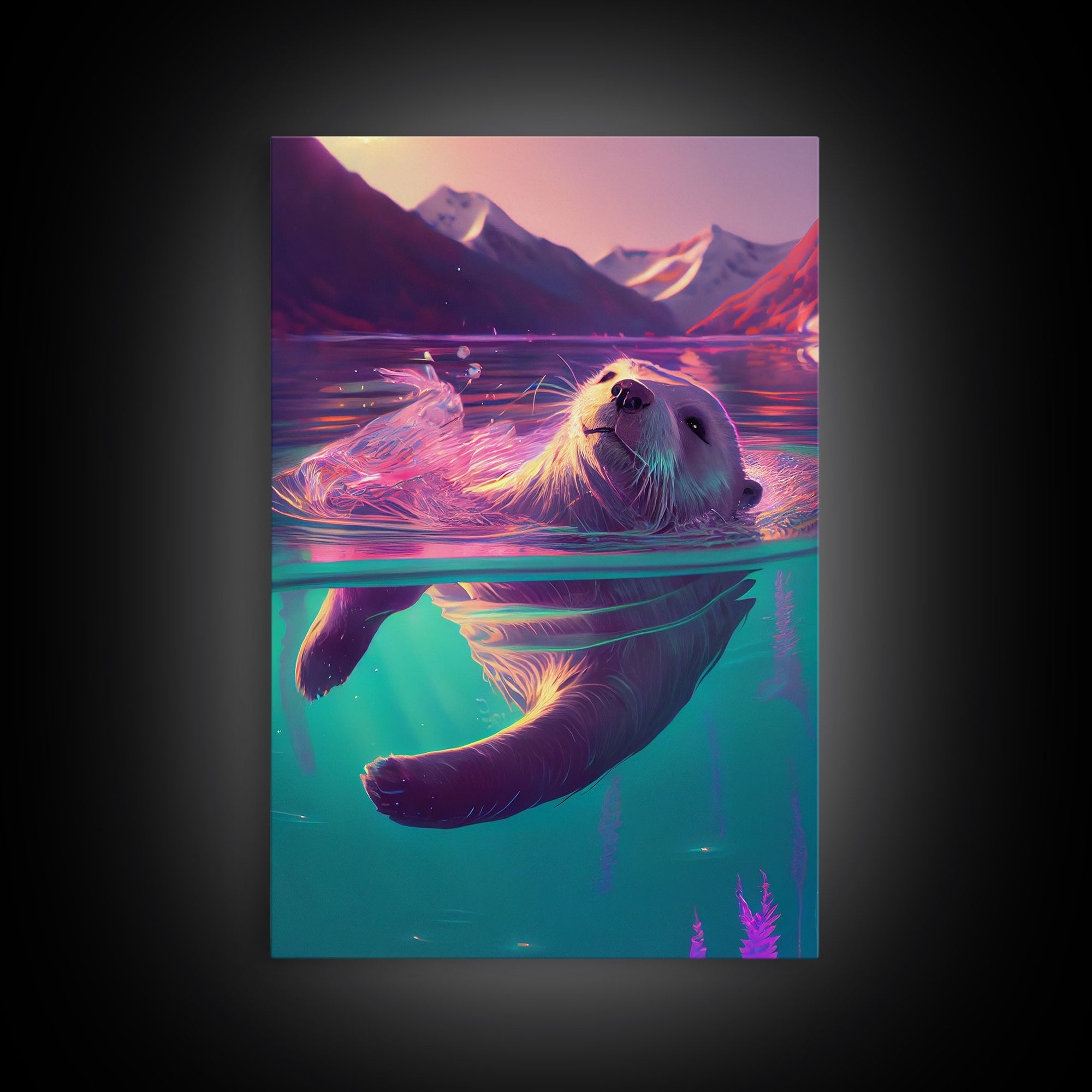 Cute Otter going for a swim, pastel retro style art, framed canvas print, Otter out for a swim in a mountain lake