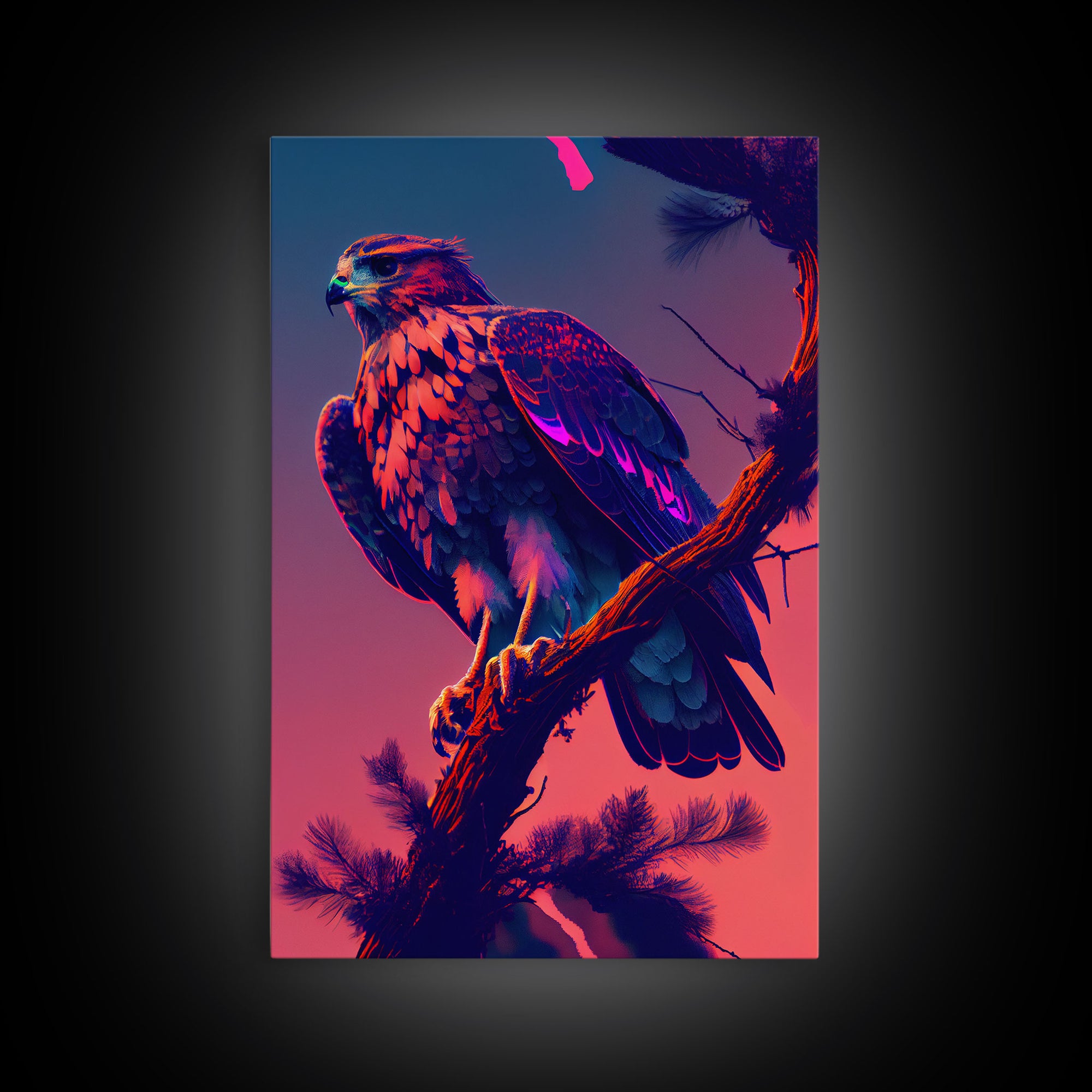 Nature Bird Hawk Perched On Branch Purple Sunset Fine Art Print, Wall Decor, Wall Poster, Wall Art Print