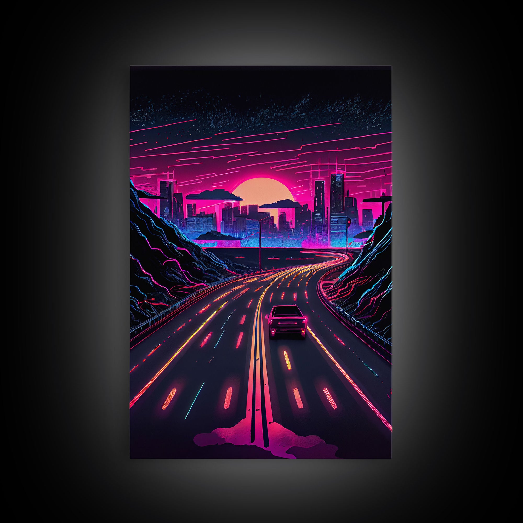 The Drive, Retrowave Outrun Style City Skyline Sunset, 80s Vibes, Framed Canvas Print