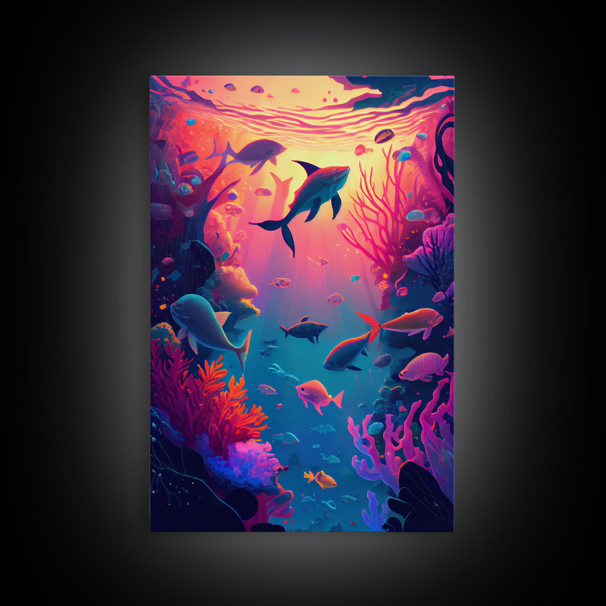 80s Vibe Under The Sea Coral Reef Art, framed canvas print, fish and reef art