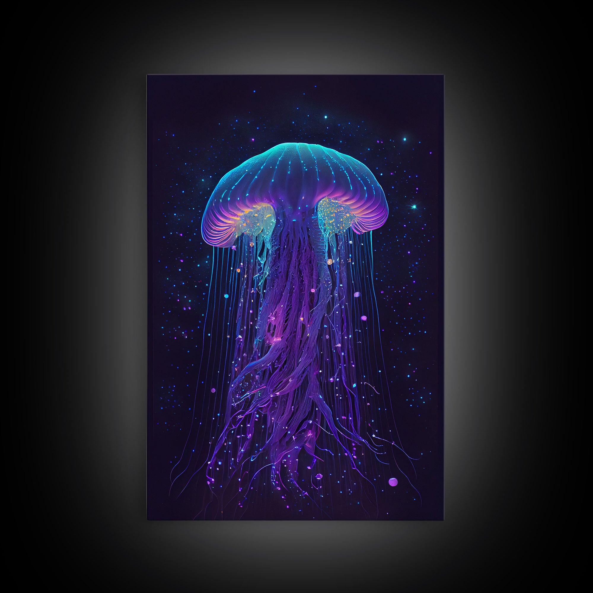 Bioluminescent Jellyfish against a Starry night sky, Cosmic Jelly Fish, Framed Canvas Print, synthwave style art