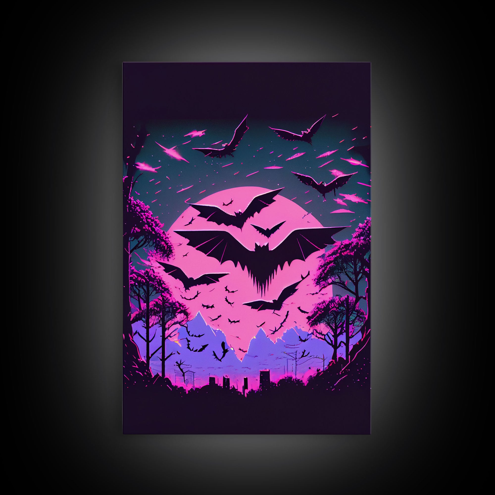 Vampire Bat Art, Horror, framed canvas print, bats in flight over a pink full moon, Halloween Decor, Halloween Wall Art