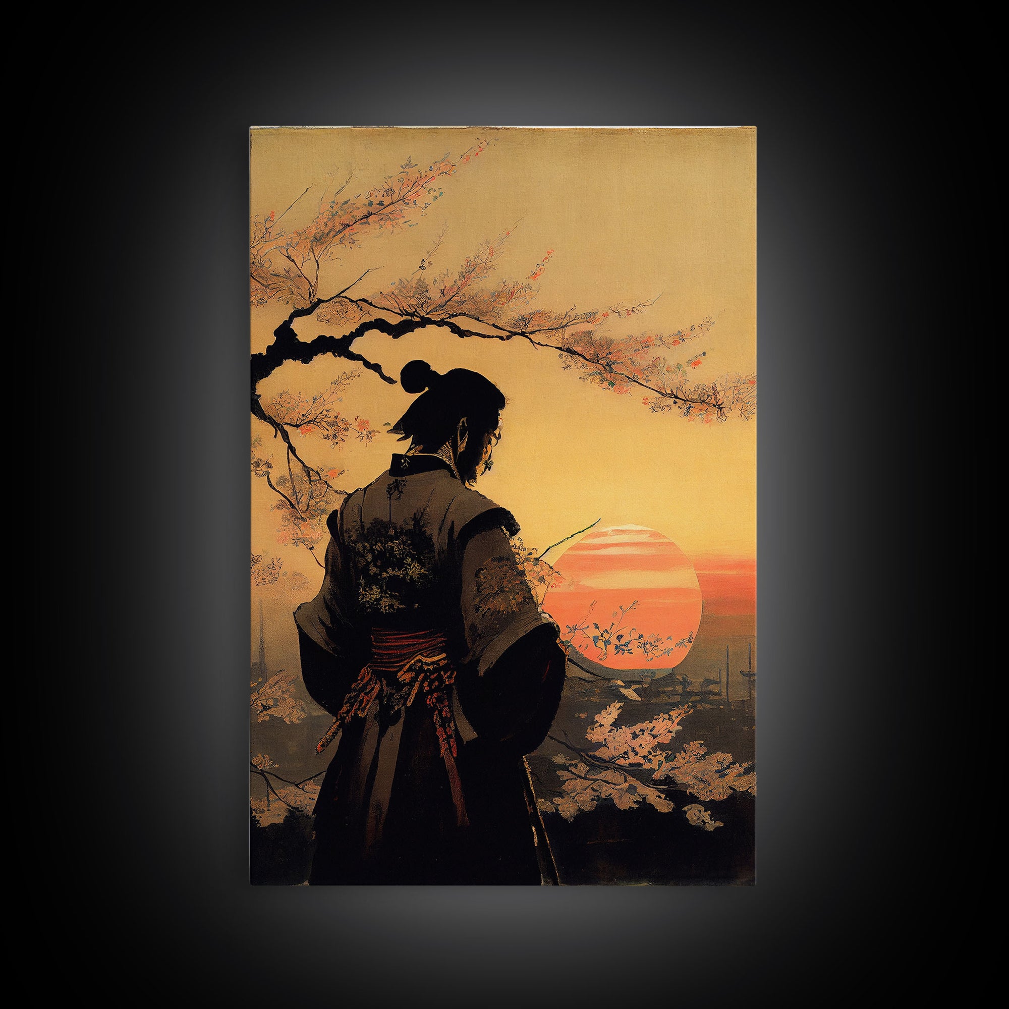 Watercolor of a Samurai observing a sunset, Framed Canvas Print, unique wall art