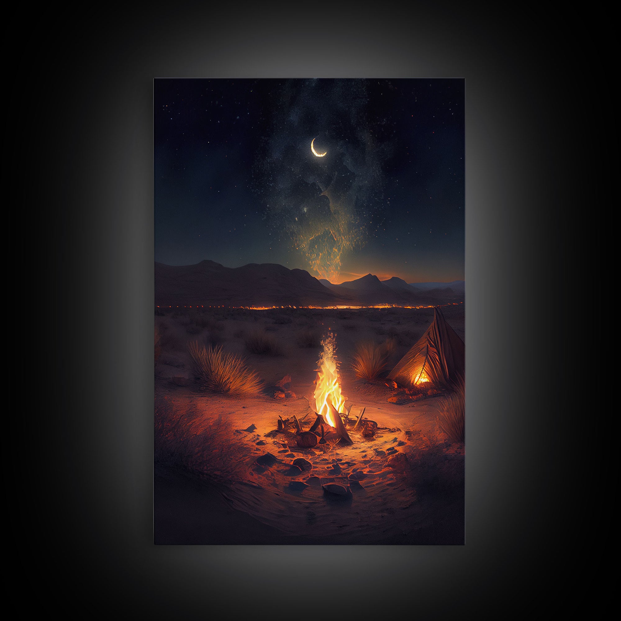 Primitive Art, Campfire under the stars, camping art, framed canvas print