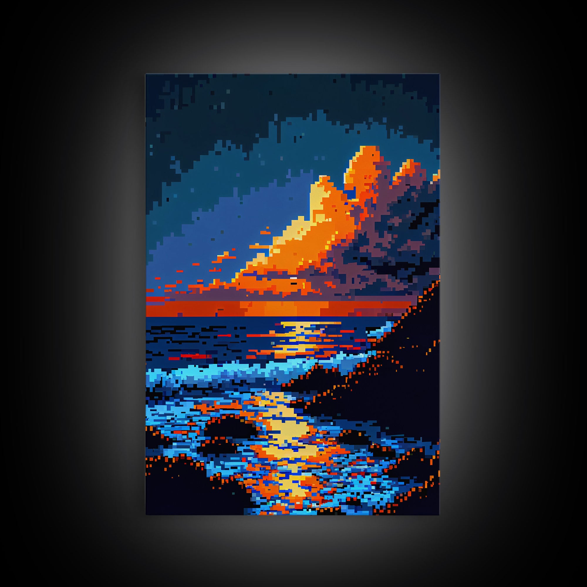 Pixel Art Sunset obscured by clouds, framed canvas print, 8 bit art