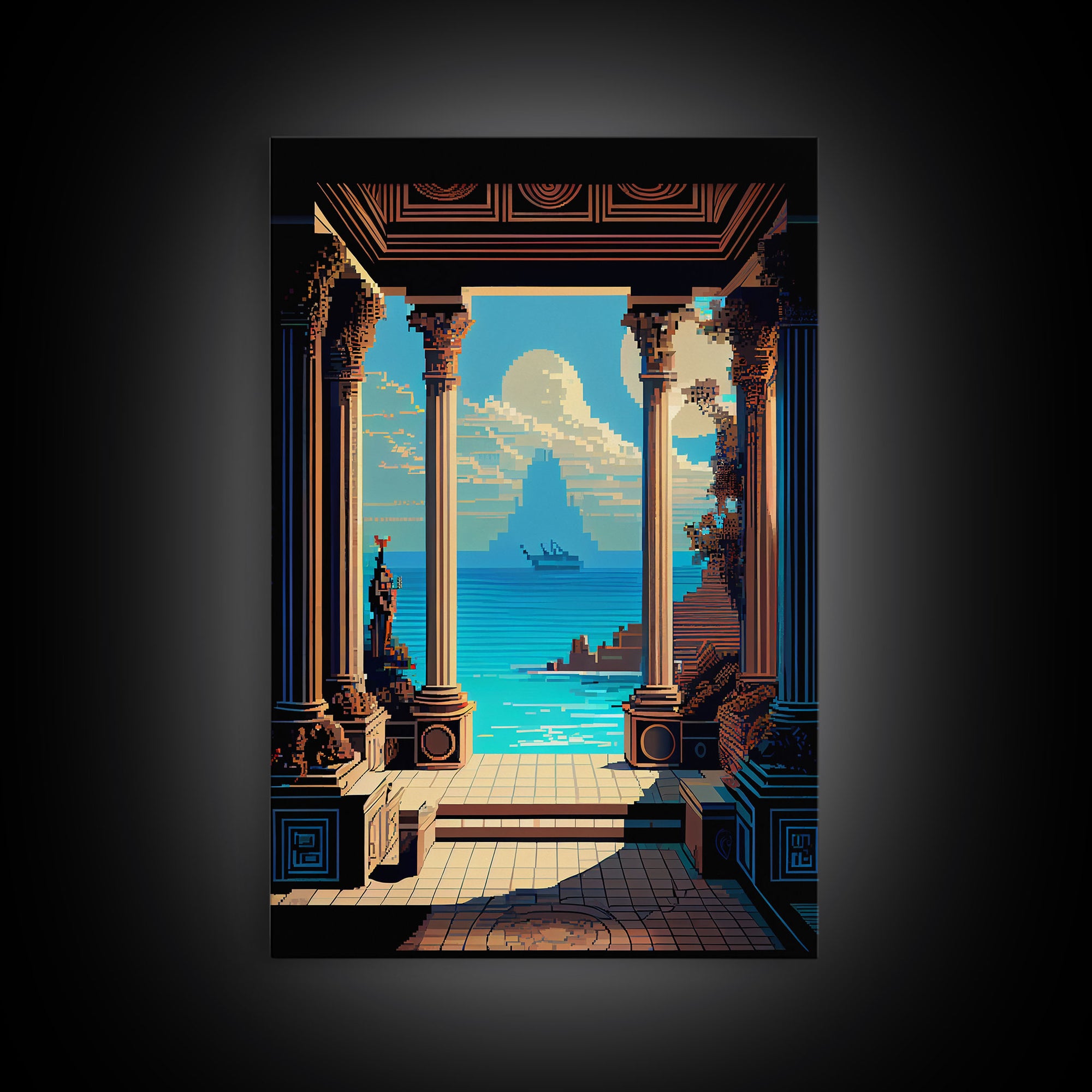 Retro Style Videogame Art, Pixel Roman Architecture Art, 8 bit art, framed canvas print