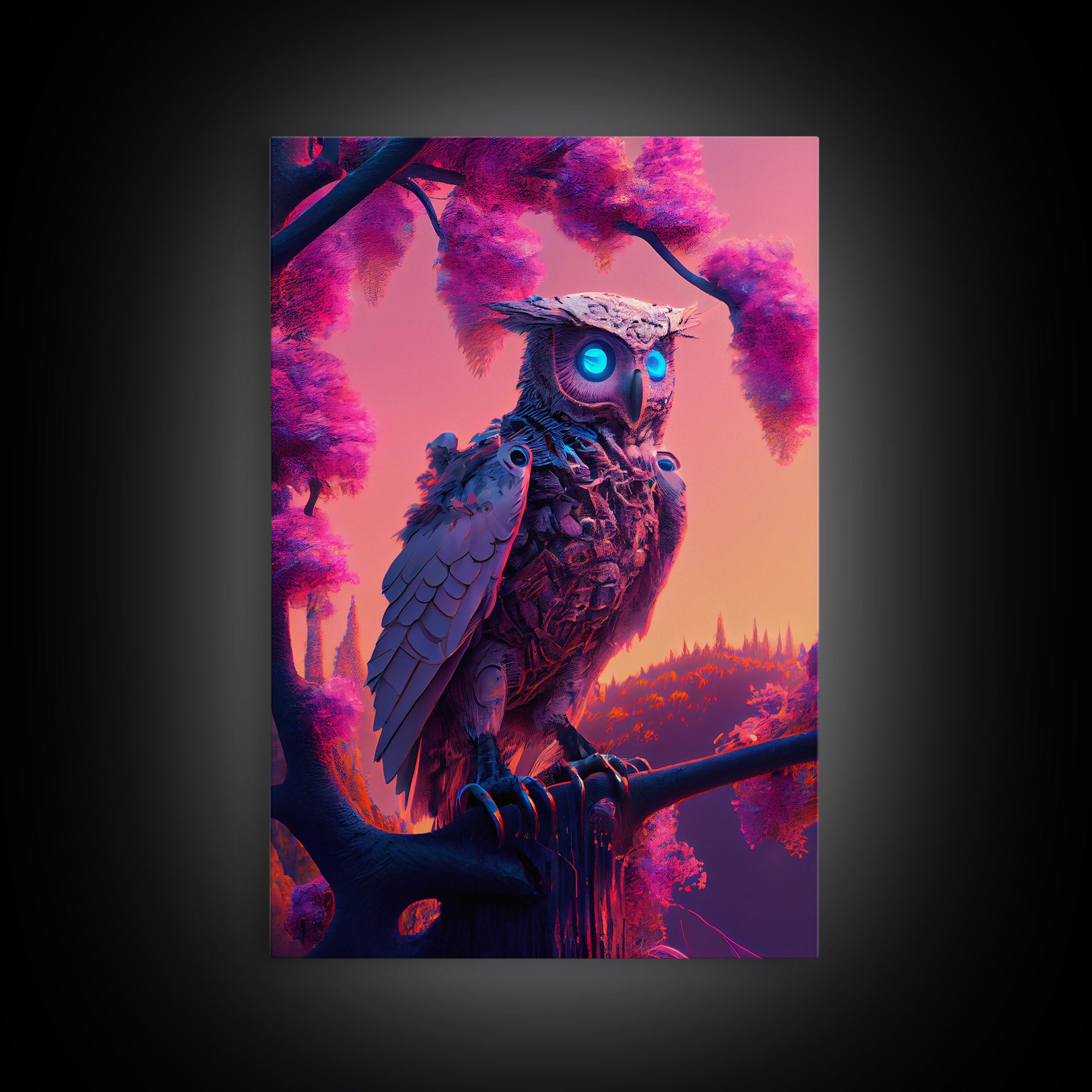 Cyberpunk Robot Owl, framed canvas print, Cybernetic android owl art, vaporwave aesthetic futuristic art