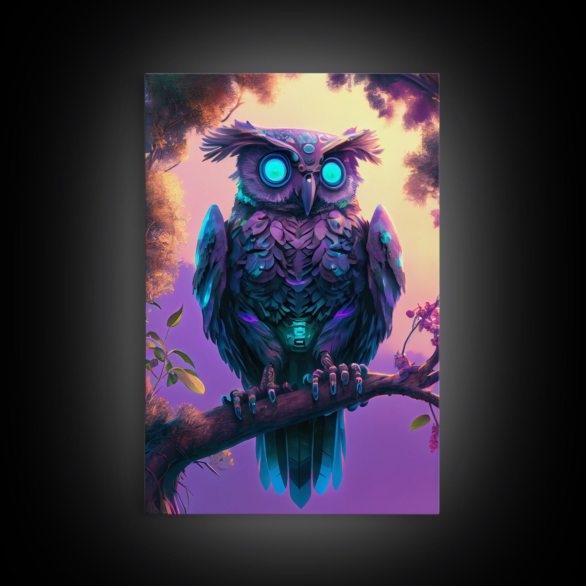 Cyberpunk Robot Owl, framed canvas print, Cybernetic android owl art, vaporwave aesthetic futuristic art