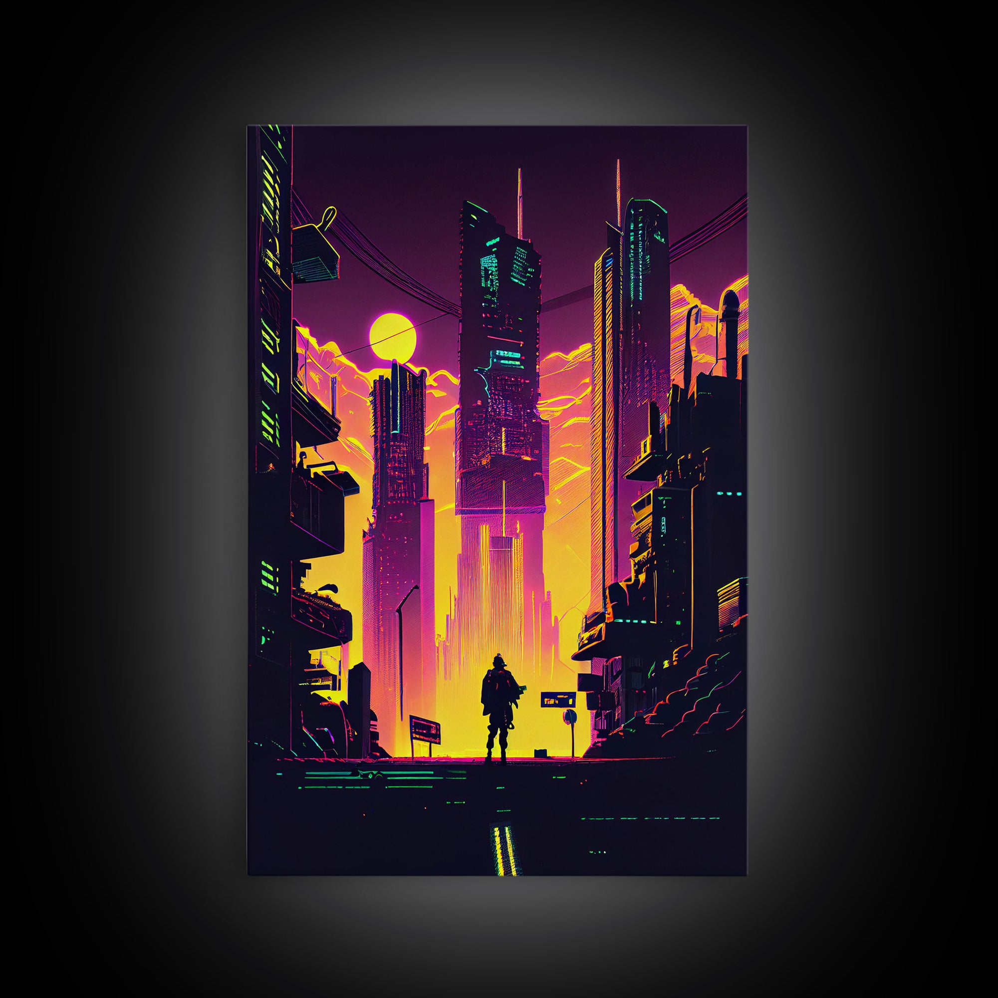 Cyberpunk art, Retrowave style dystopian cityscape art, game room art, framed canvas print, retro wave city skyline