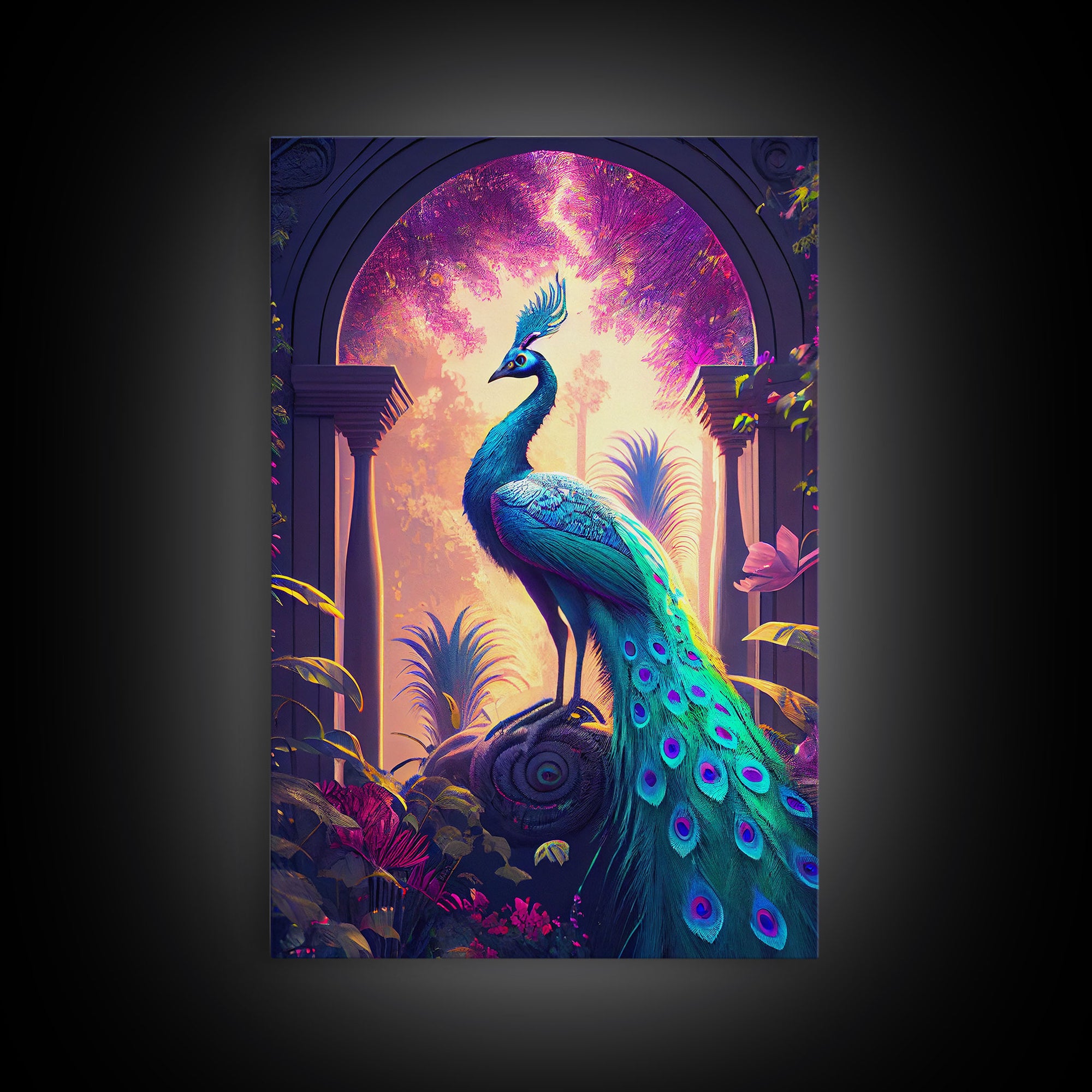 Turquoise peacock art, fantasy decor, framed canvas print