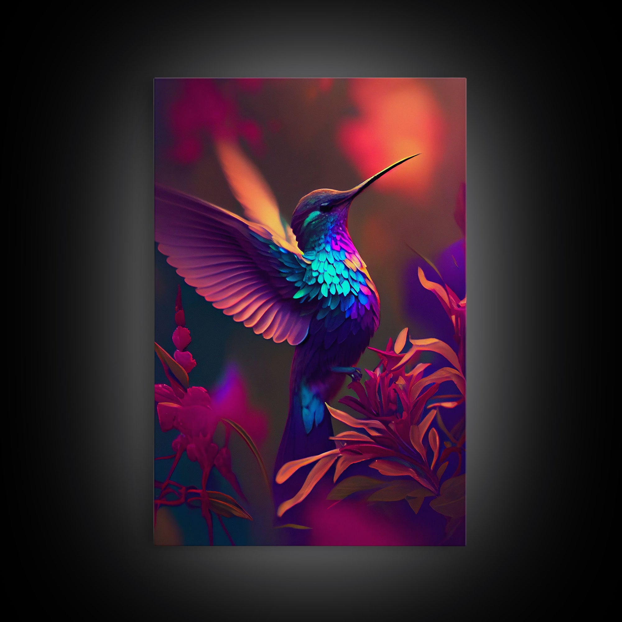 Hummingbird in flight, cute animal print, framed canvas print, colorful retro wave style art