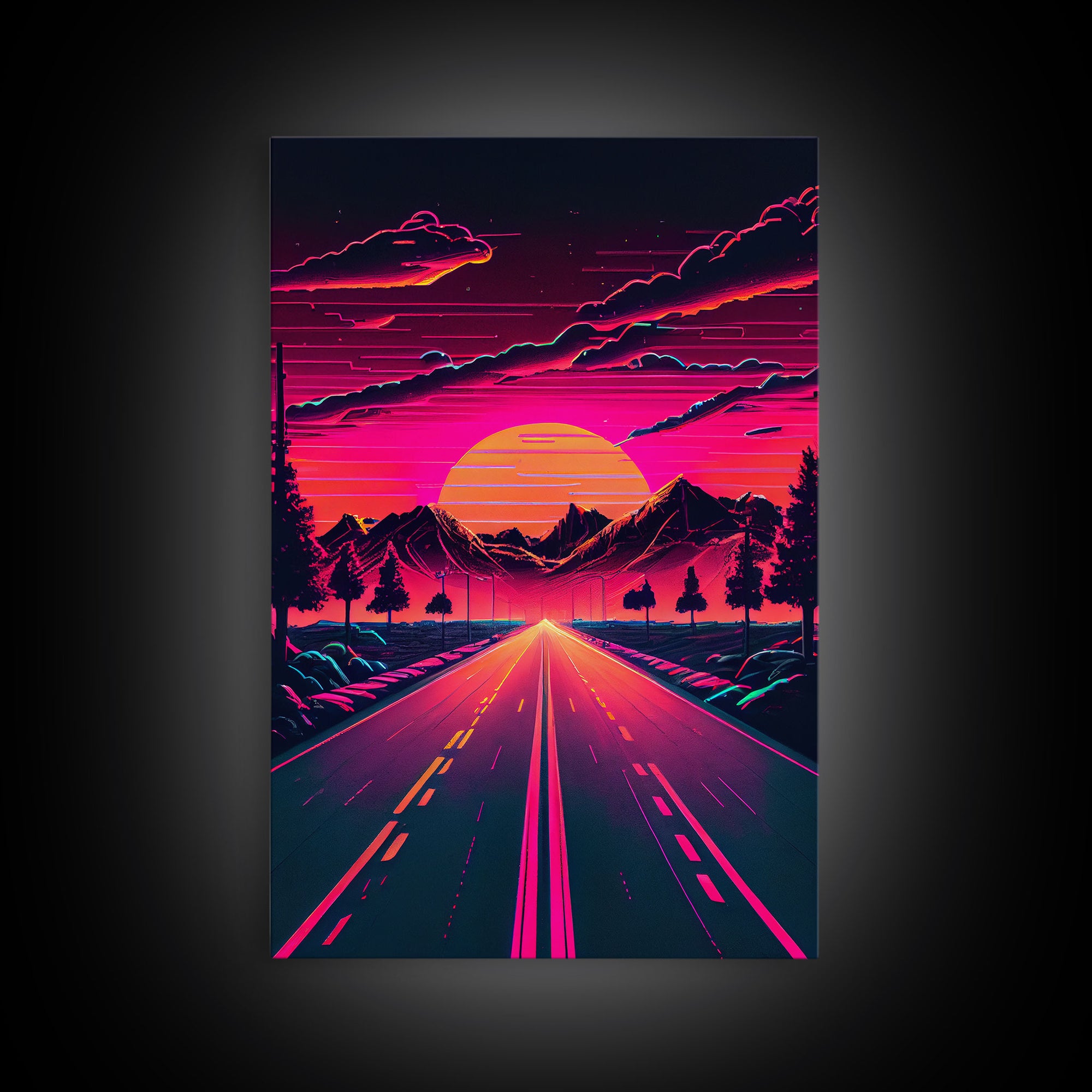 Outrun Sunset over the Arizona mountains, neon aesthetic art,  framed canvas print