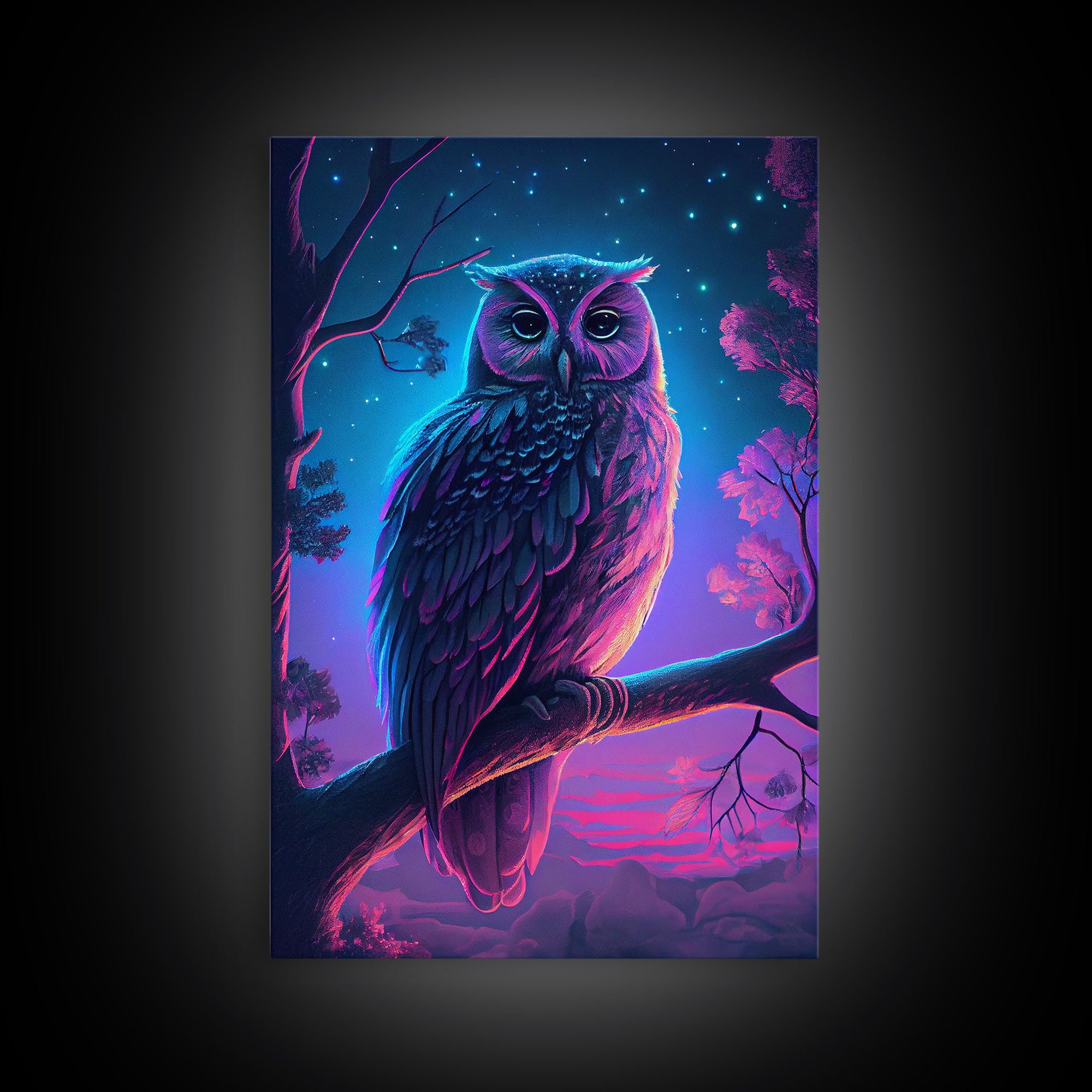 Retro Style Owl Art, Framed Canvas Print, outrun style owl at midnight under a starry sky