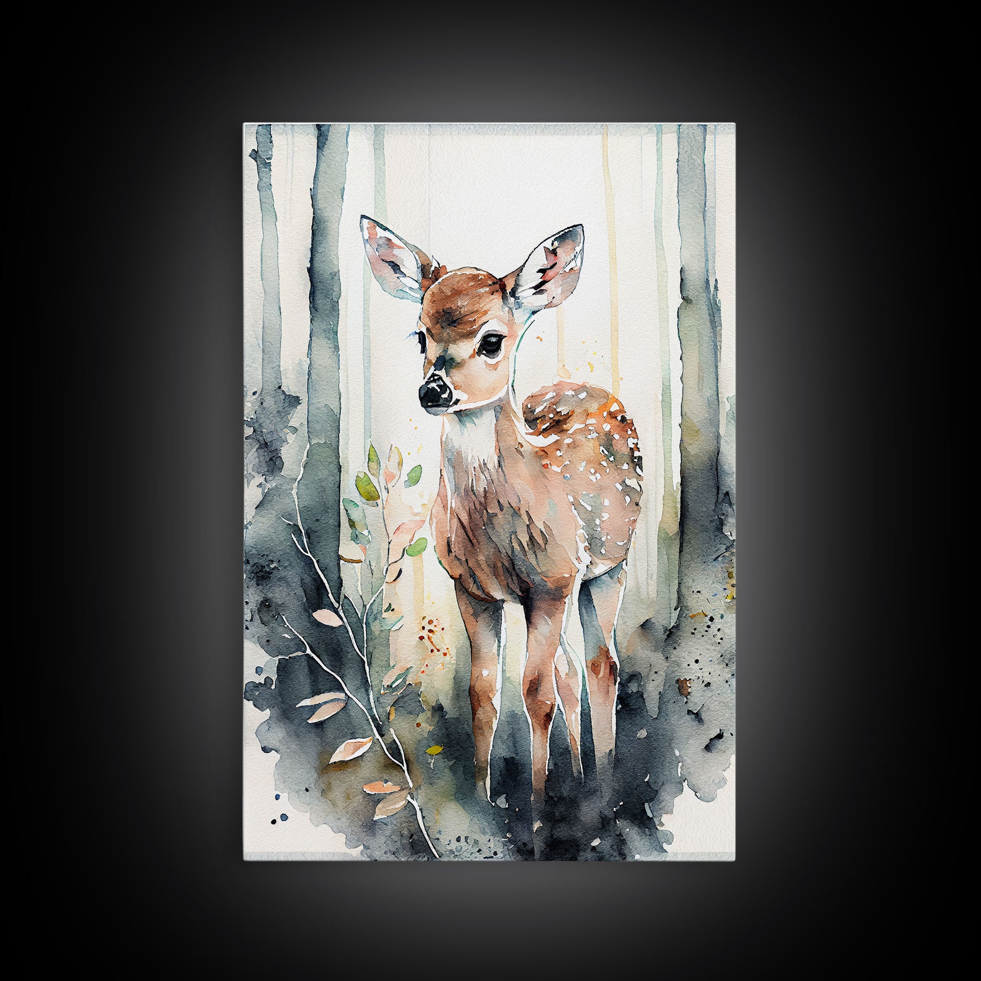 Watercolor portrait of a deer fawn, framed canvas print