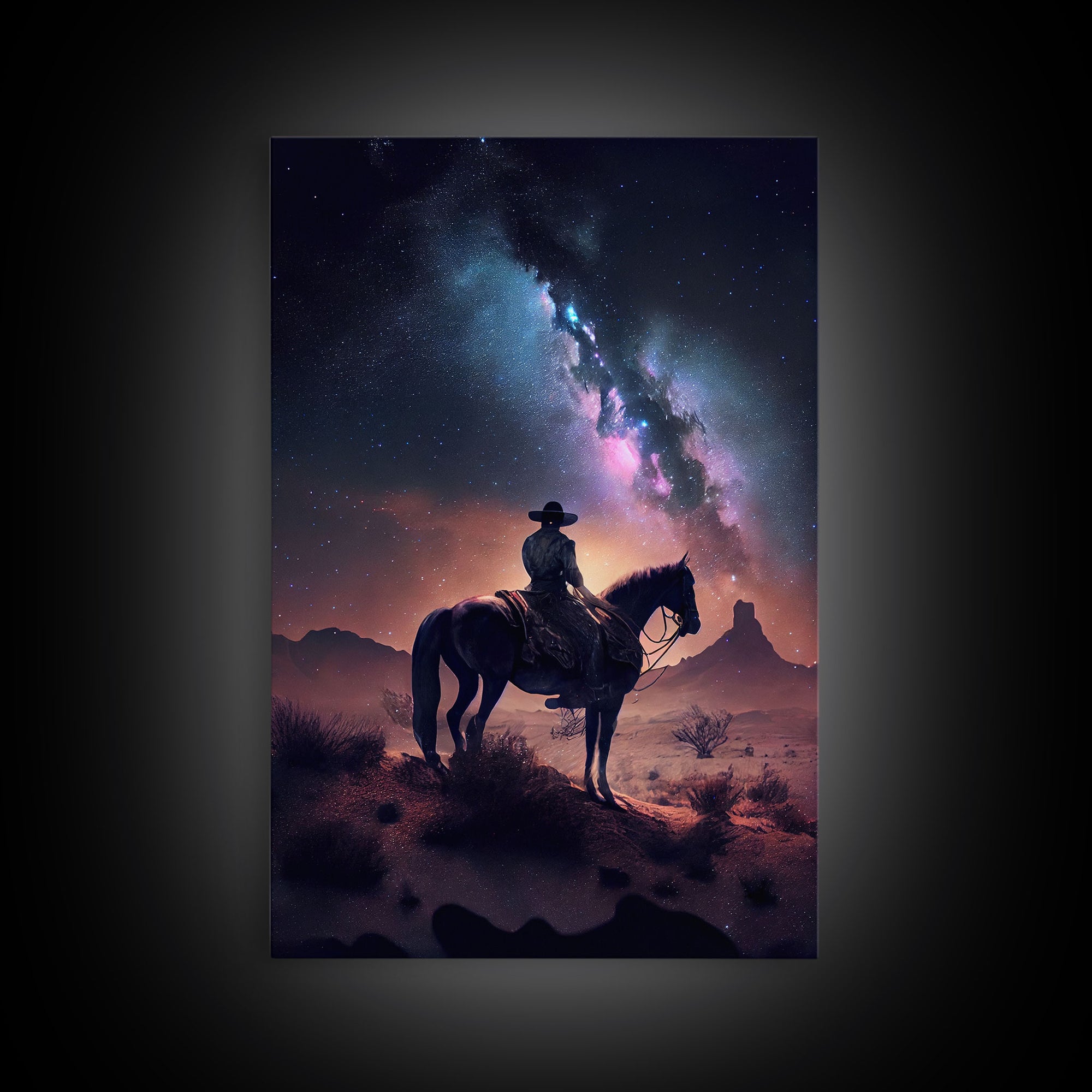 Cowboy contemplating the stars, framed canvas print