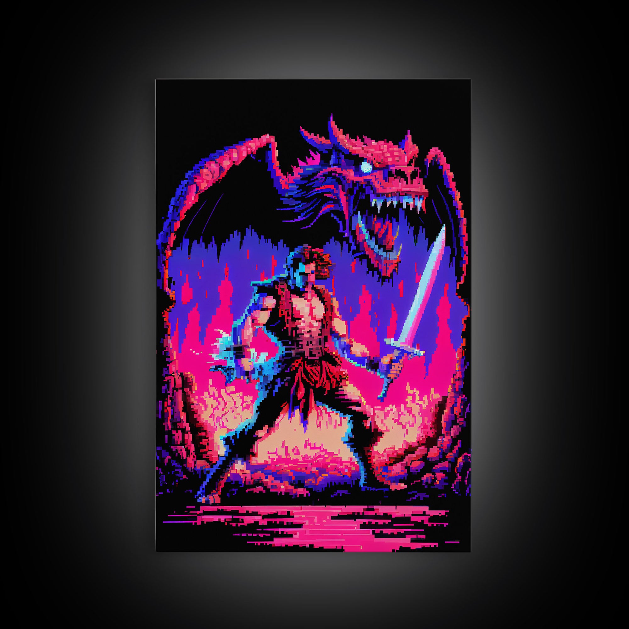 Tabletop RPG art, vaporwave neon aesthetic, Barbarian art, framed canvas print