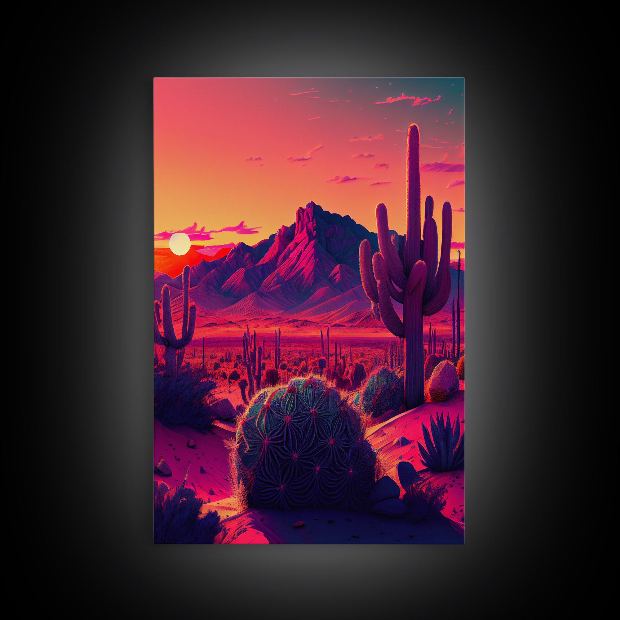 Pastel Arizona Night, Outrun Style sunset over a desert landscape with cactus, framed canvas print