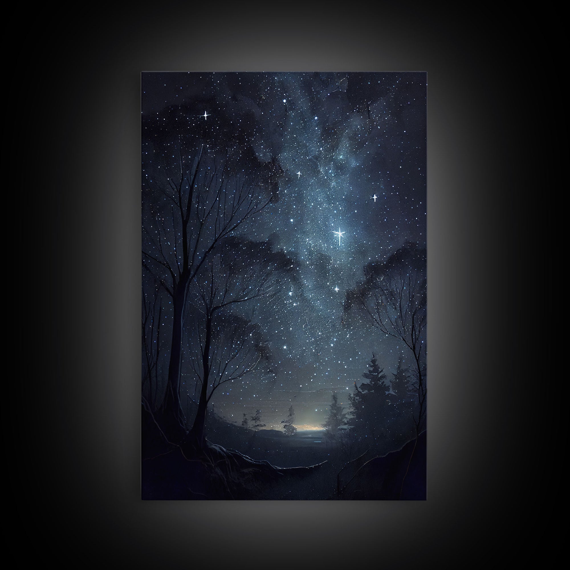 Starry niight sky oil painting print, framed canvas print, unique subdued wall art