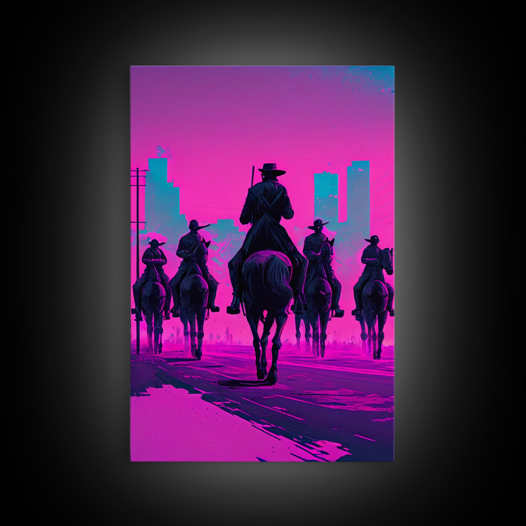 Post-Apocalyptic Cowboys, Vaporwave Aesthetic fantasy art, framed canvas print