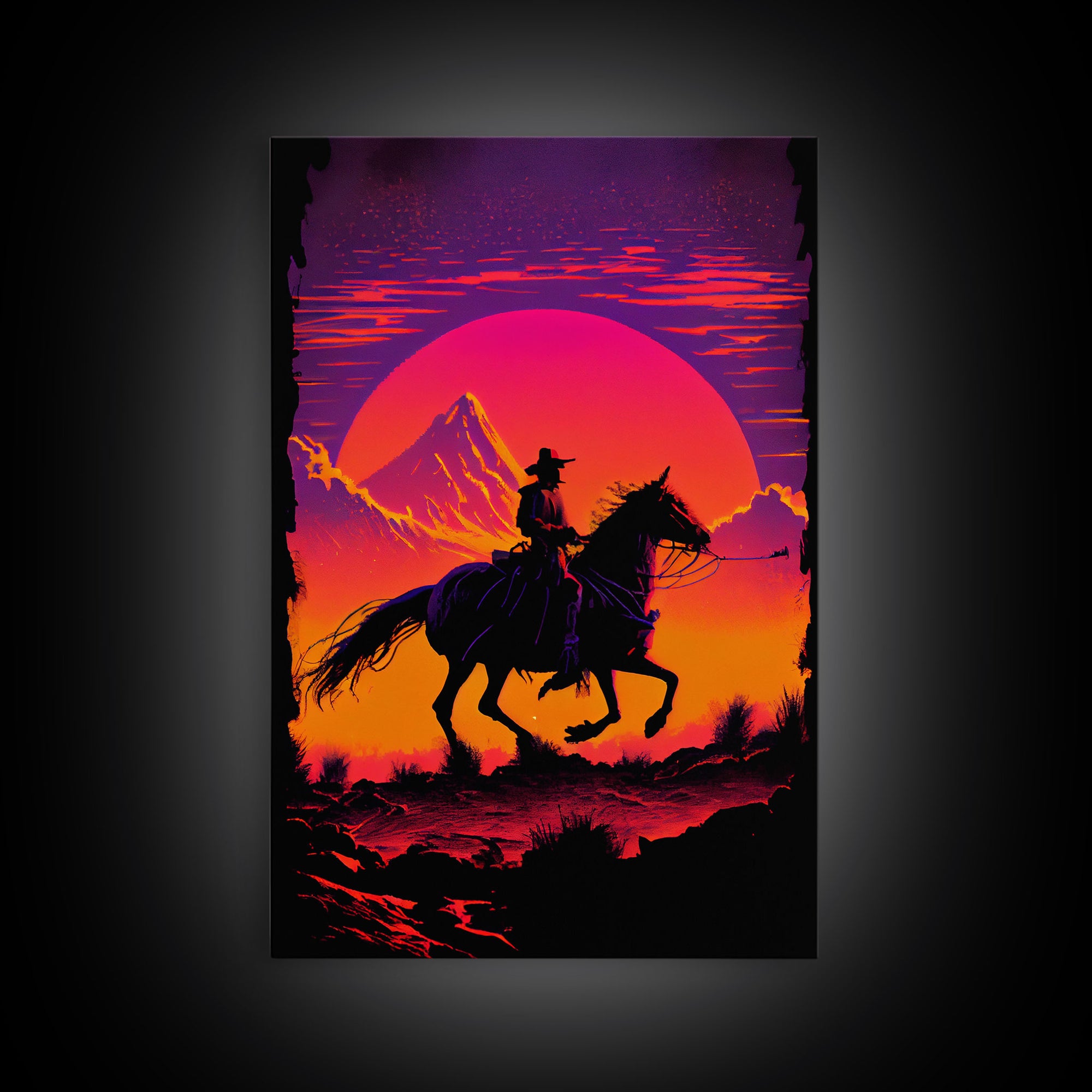 Outrun Style Wildwest Sunset Art, Framed canvas print, framed wall art, retro style western decor