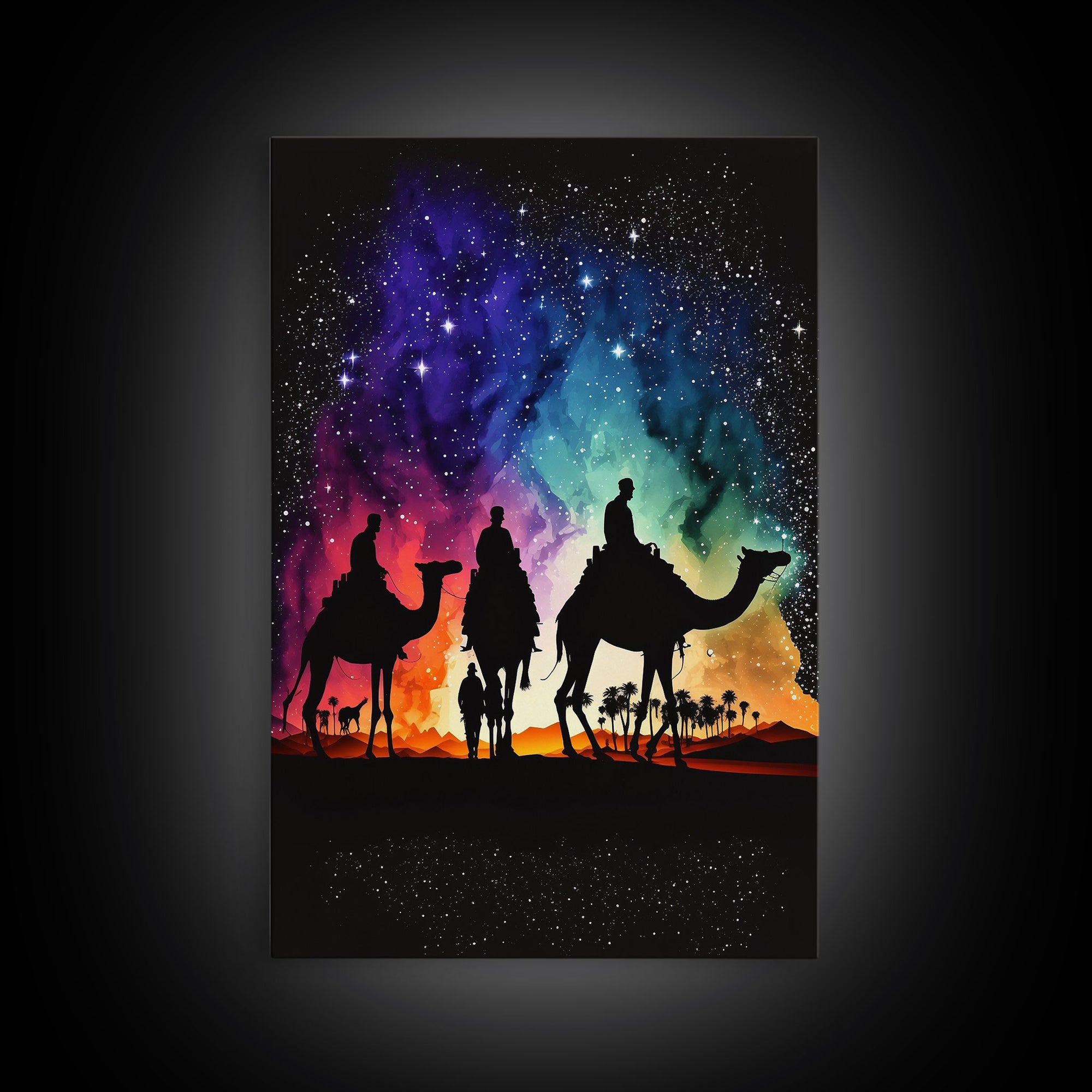 The Three Wise Men, Framed Canvas Print, Colorful Rainbow Art, 3 Wise Men, Camel Art, Starry Night Sky