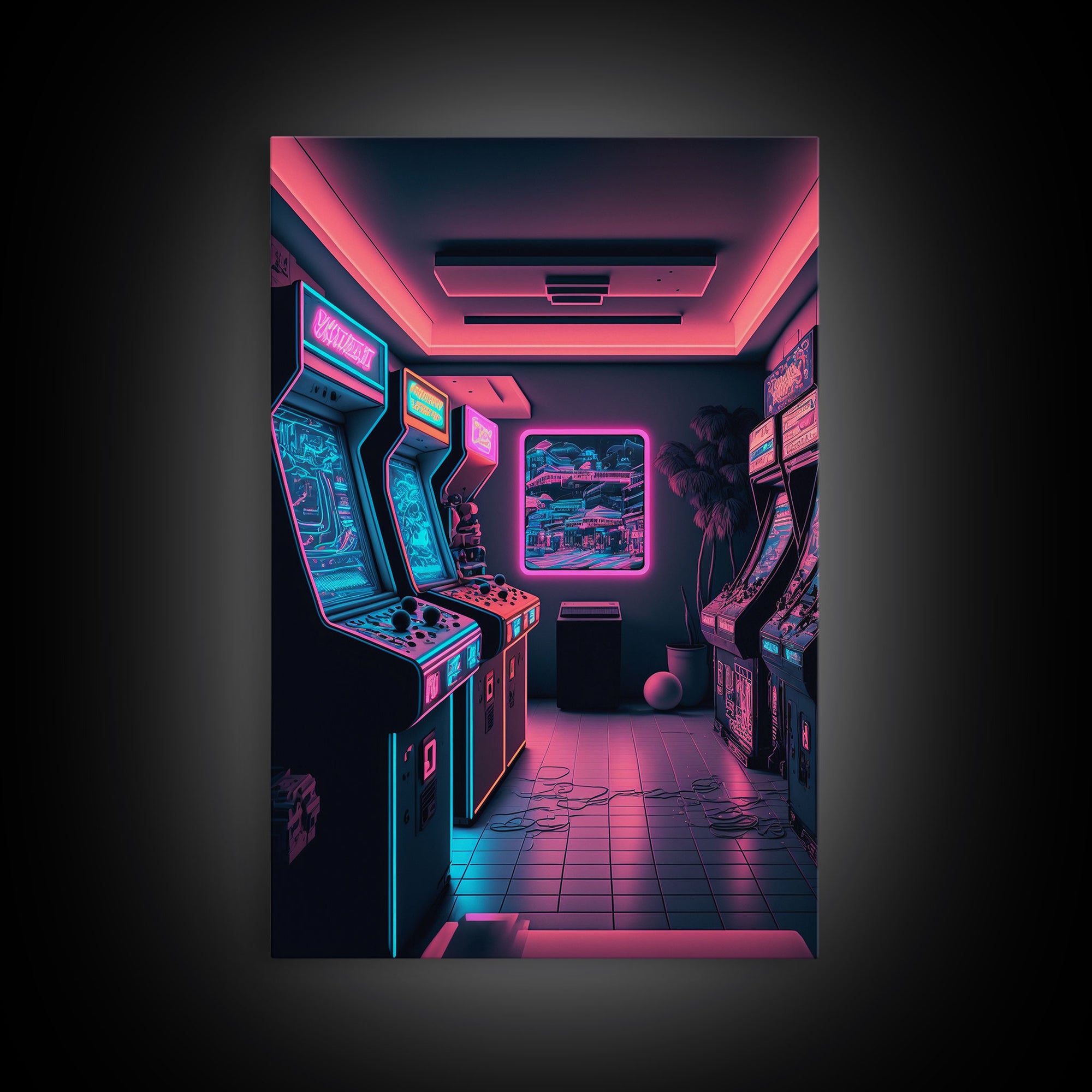 Neon Arcade, Gamer Room Decor, Unique Game Room Art, Framed Canvas Print, Synthwave Style Art, Vaporwave Gamer Art, Retrowave Arcade