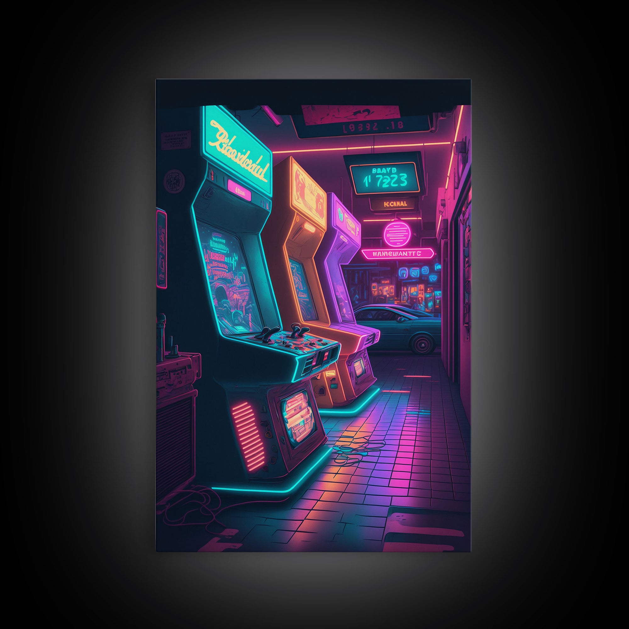 The Neon Arcade, Gamer Room Decor, Unique Game Room Art, Framed Canvas Print, Synthwave Style Art, Vaporwave Gamer Art, Retrowave Arcade