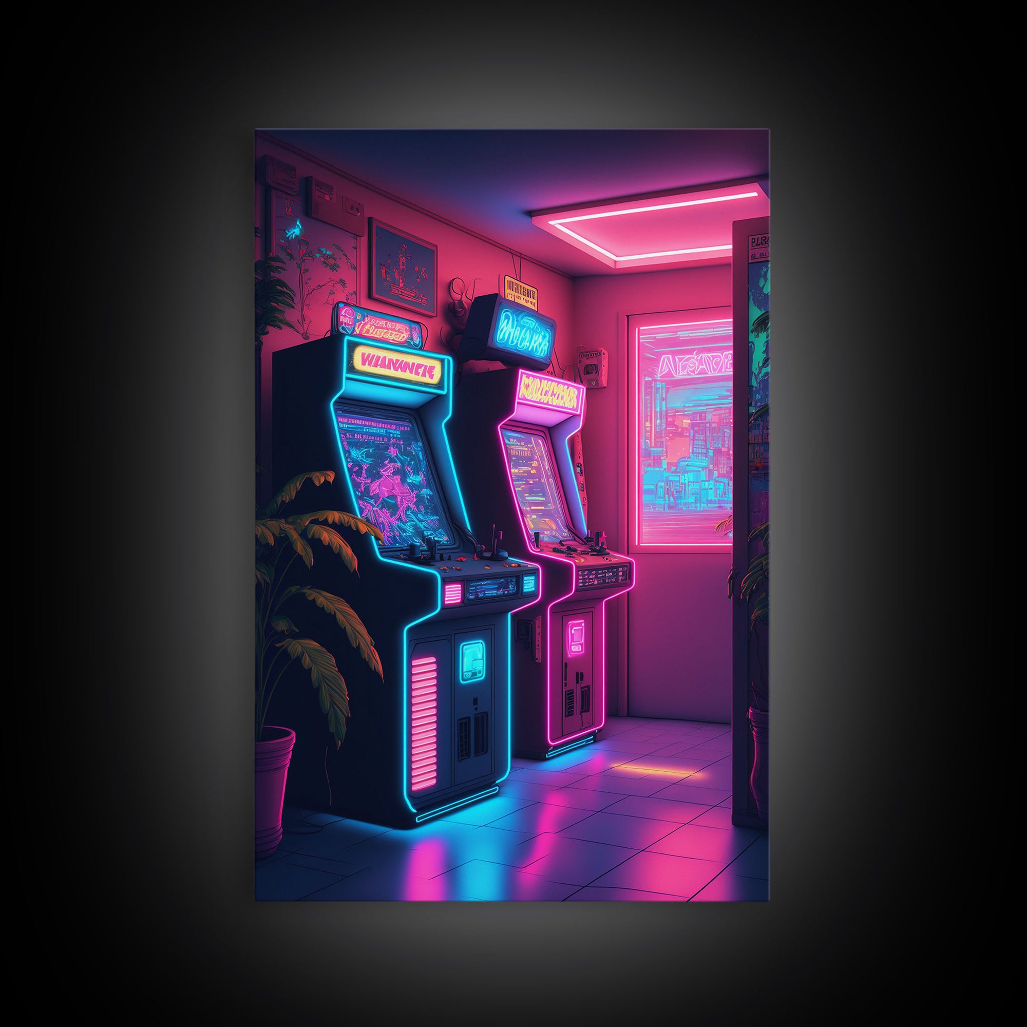 Retrowave Arcade Room, Neon Gamer Art, Framed Canvas Print, Framed Wall Art, Retrowave Arcade Decor, Game Room Art