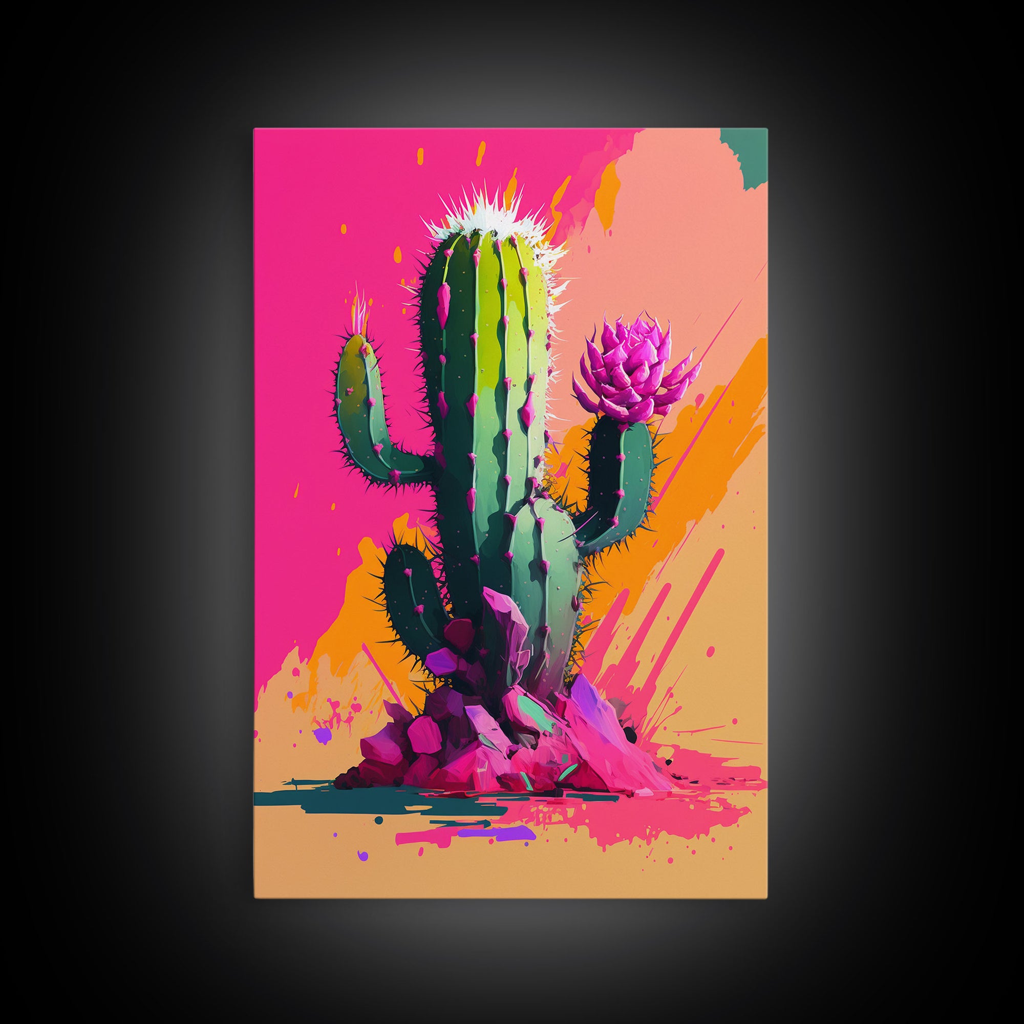 Pop Art Mexico Cactus Art, Synthwave Pink Art, Framed Canvas Print, Southwest Saguaro Cactus Succulent Art, Western Decor