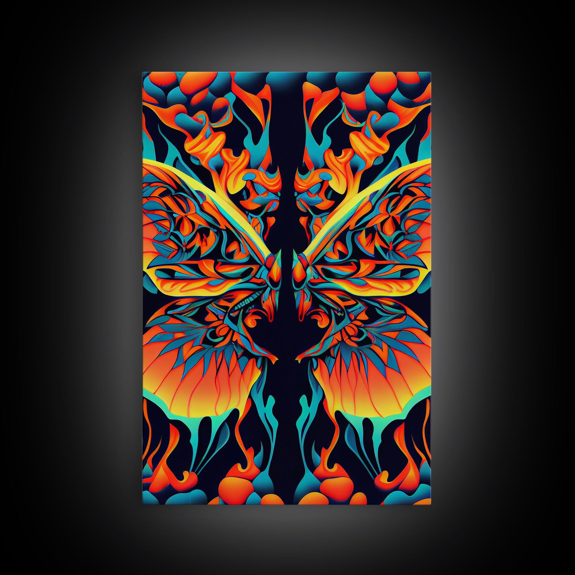 Butterfly Fire Rorschach Art, Dual Meaning, Framed Canvas Print, Optical Illusion Art