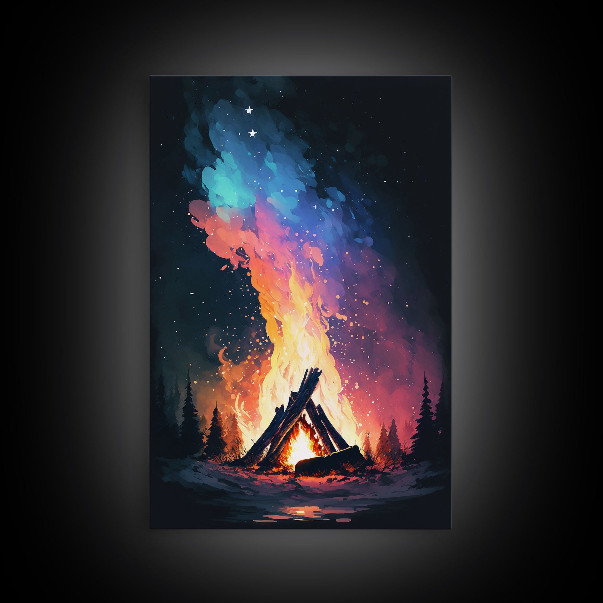 Campfire Print, Framed Canvas Art, Original Artwork, Hiking, Up North, Lake Life, Cabin Decor