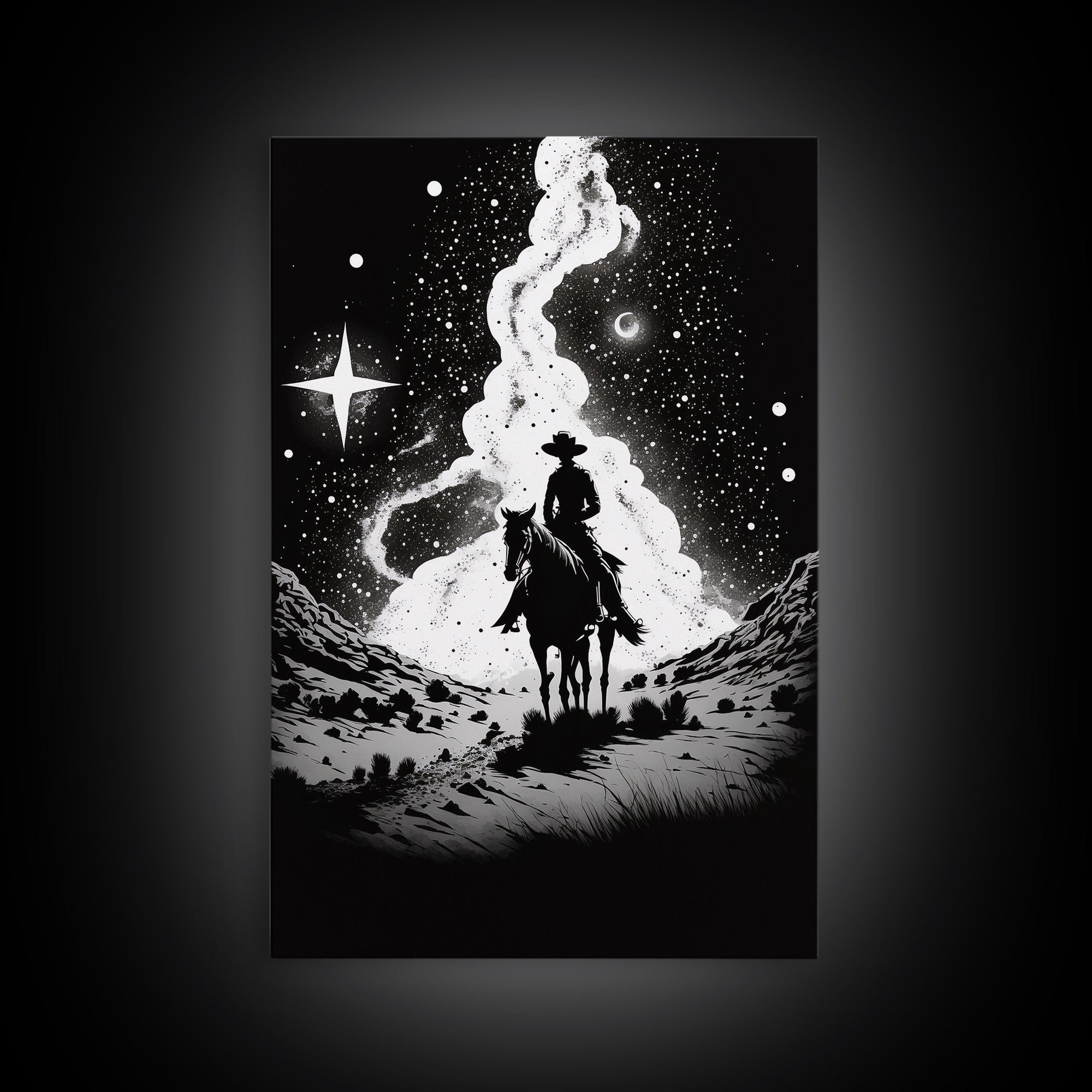 Western Decor, Black and White Cowboy Art, Framed Canvas Print