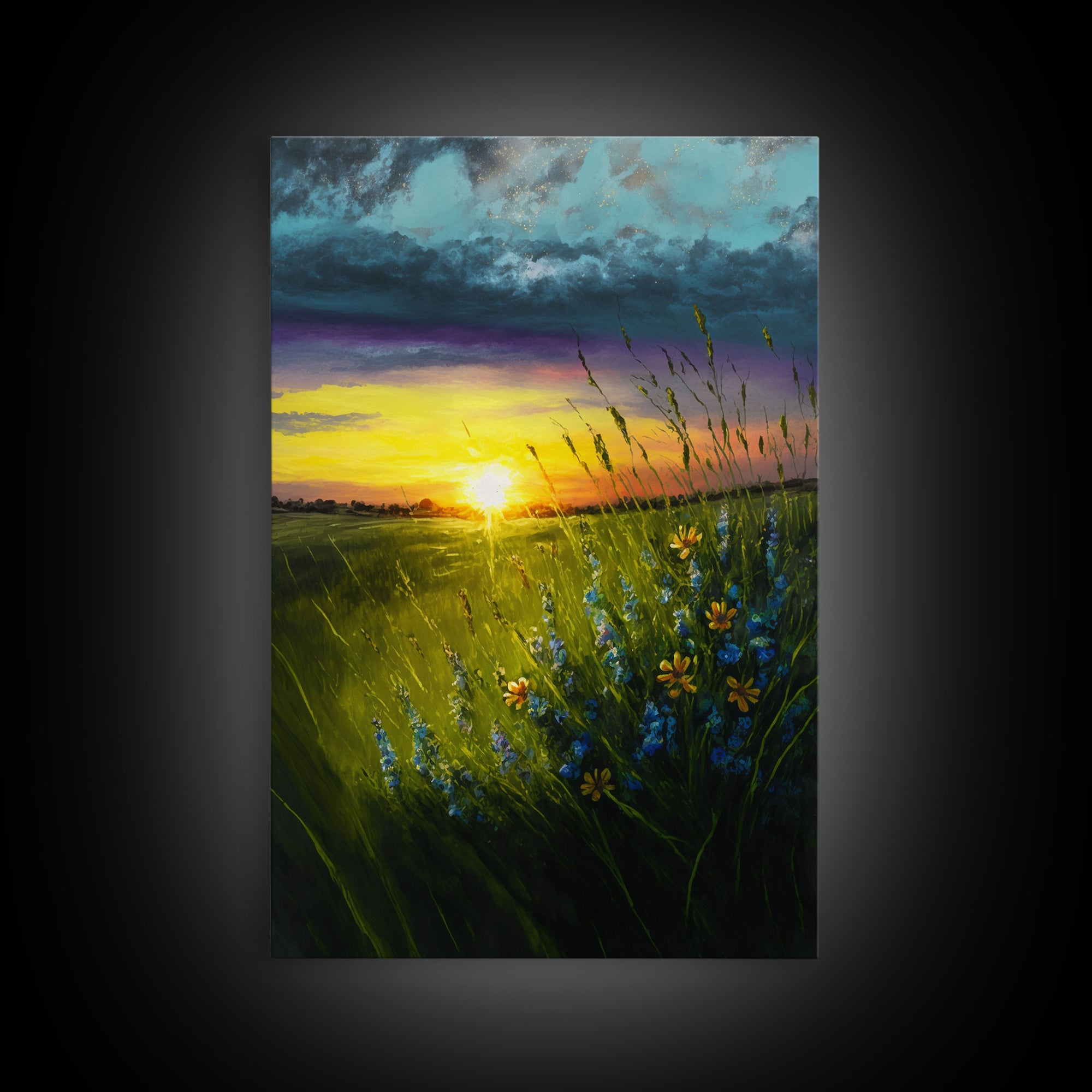 Sunset Over A Texas Field, Watercolor, Framed Canvas Print, Living Room Guest Room Art, Wall Decoration