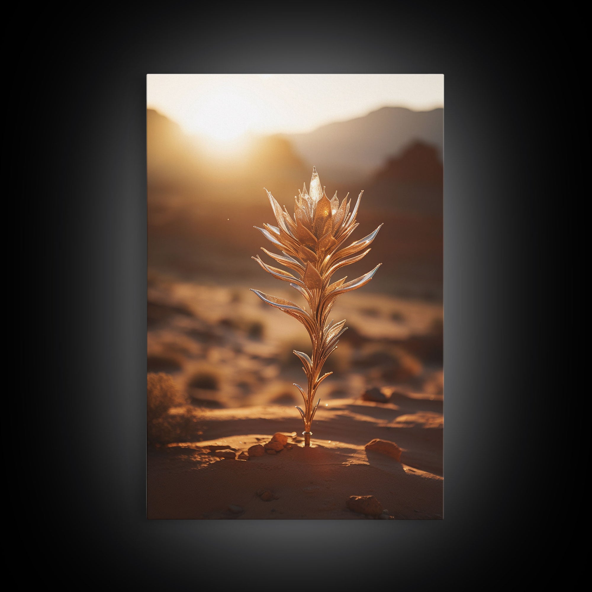 Sunlight Over A Desert Rose, Framed Canvas Wall Art Cactus Desert Landscape Arizona Photography Print Minimalist Modern Western Art