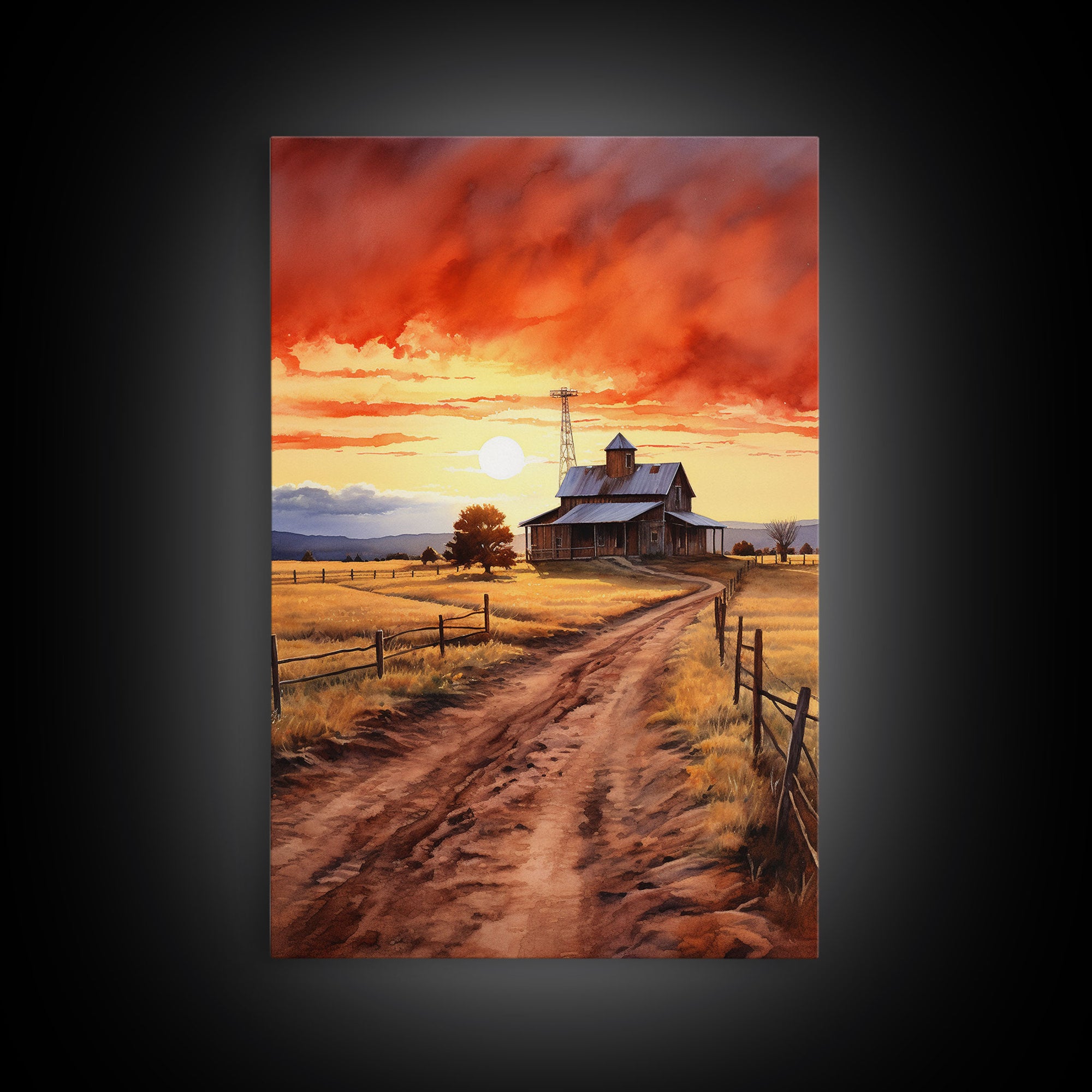 Sunset Over Kansas Farmhouse, Framed Canvas Print or Poster