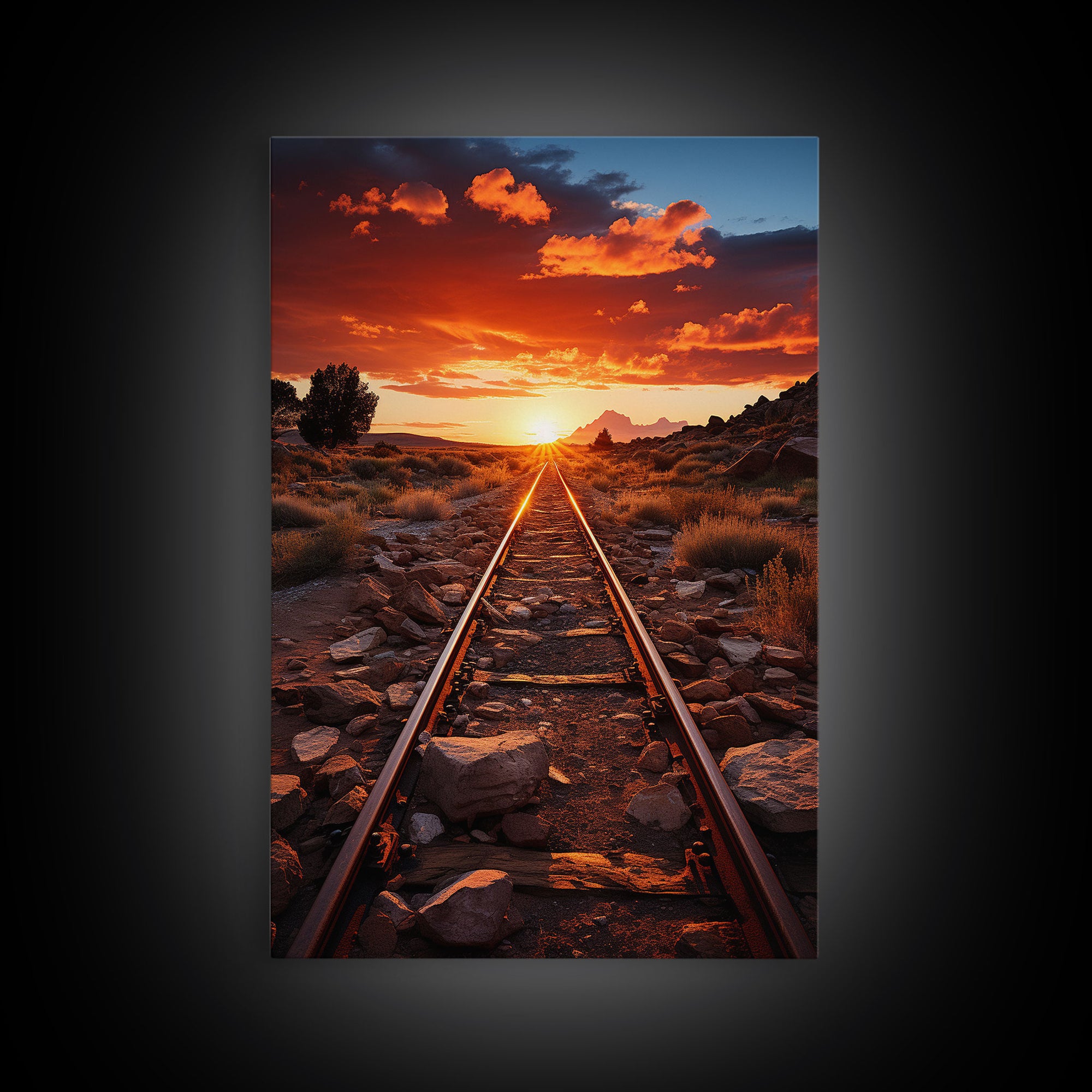 Abandoned Train Tracks Somewhere In The Arizona Desert, Framed Canvas Print, Western Decor