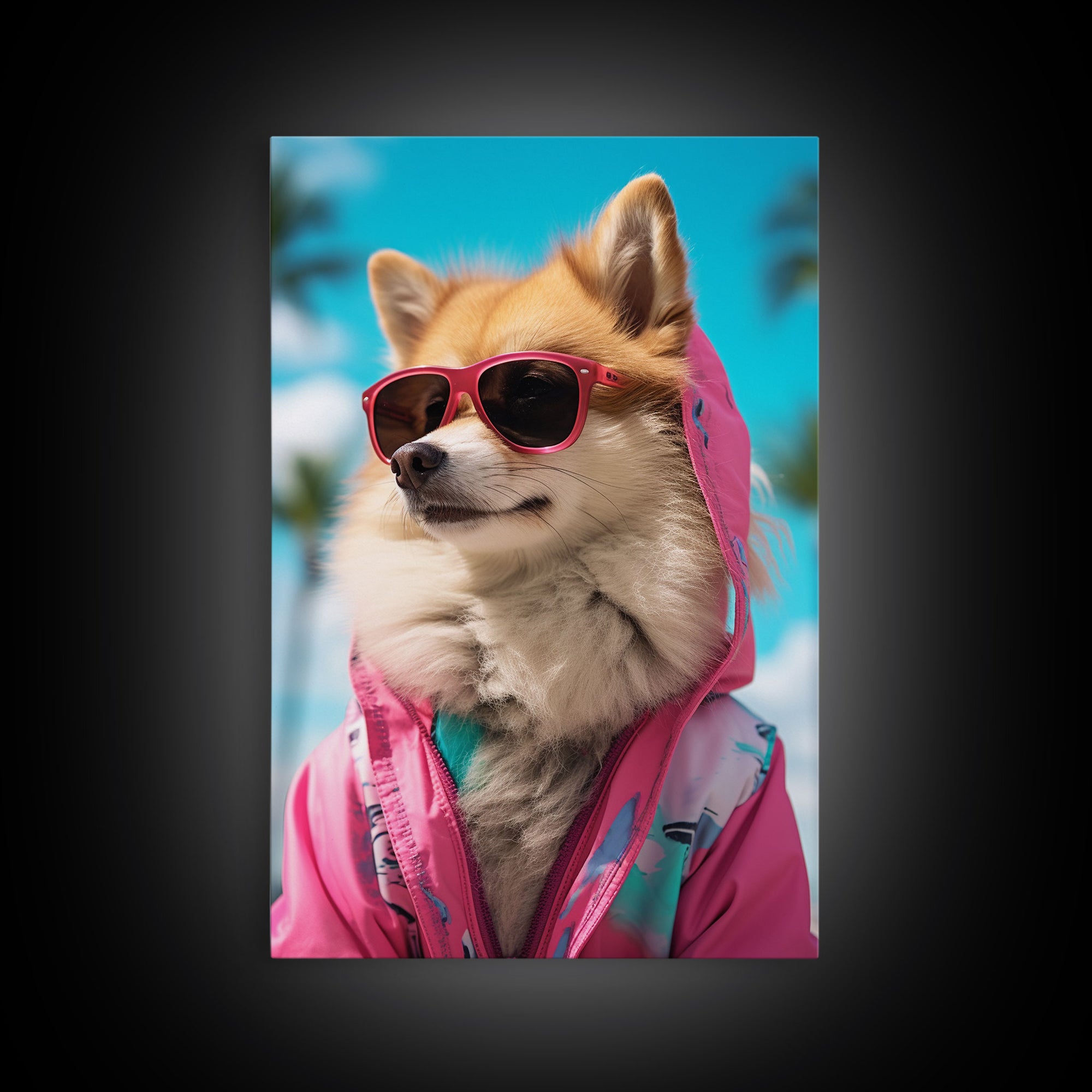 Pomeranian Wall Print, Dog With Shades, Dog Wall Art, Pink Shirt, Funny Wall Art, Framed Wall Art, Framed Canvas, Wall Print, Wall Canvas